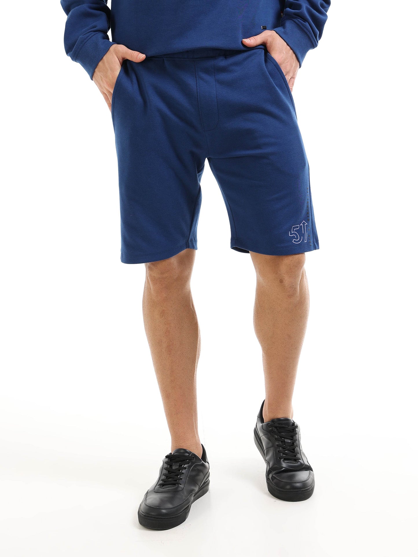Regular Fit Shorts in Rougen Plated Cotton Poly Lycra Interlock with The Power of 5 Senses HD and Non-PVC Print - Dark Blue - ENGYNE
