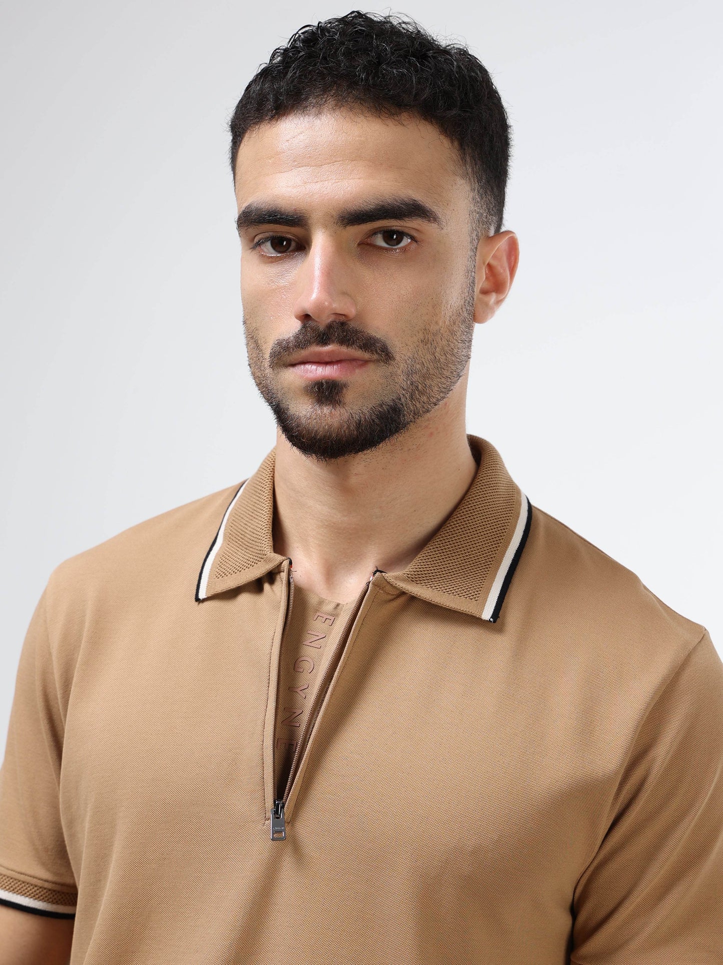 Supima Cotton Lycra Piqué with Flat-Knit Collar and cuff, Zipper Placket with Tonal HD Branding Khaki Polo - ENGYNE
