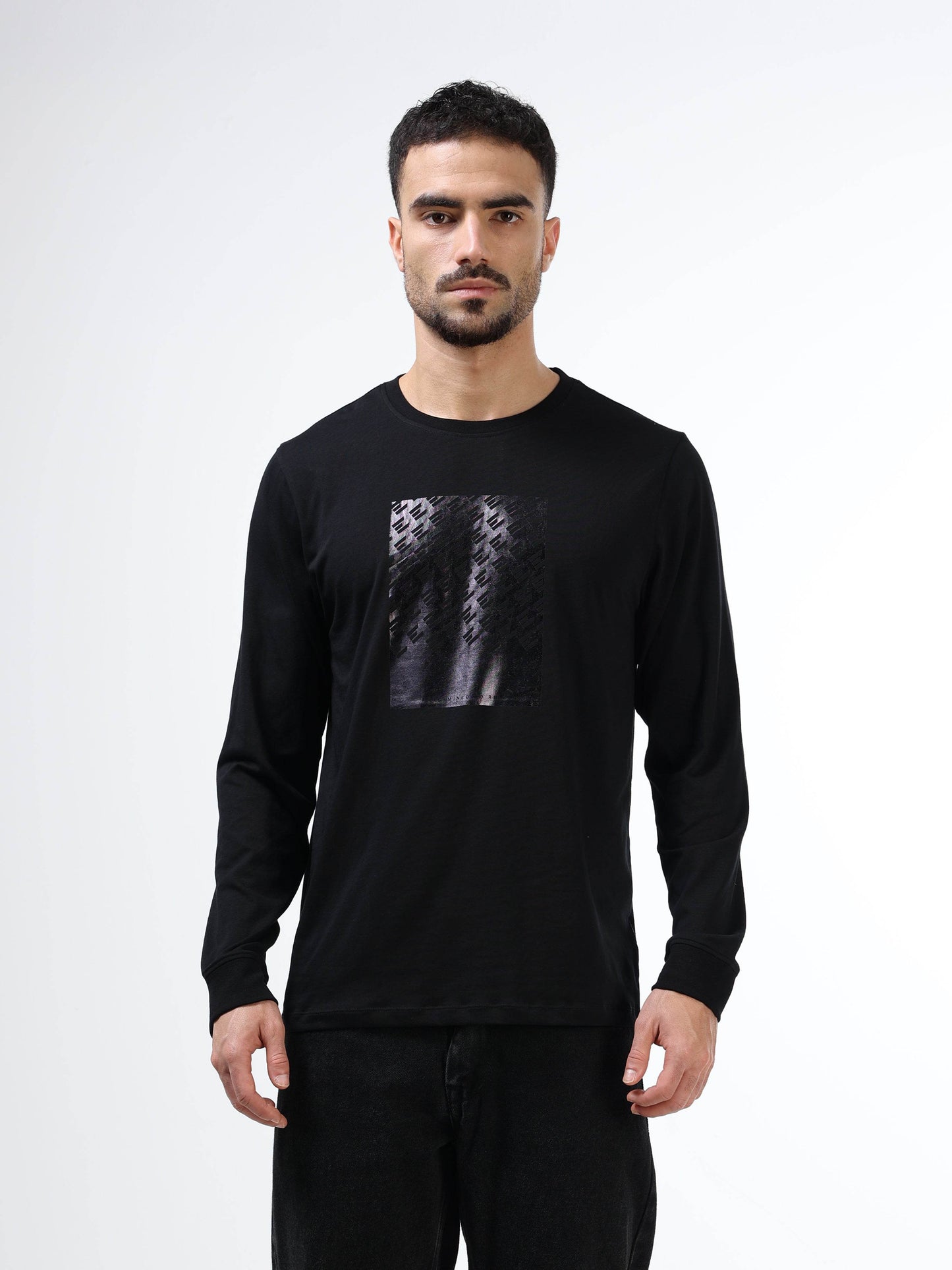 Regular-fit Full-Sleeve T-shirt in Supima Cotton Lycra with DTM Foil Print Detailing - Black - ENGYNE