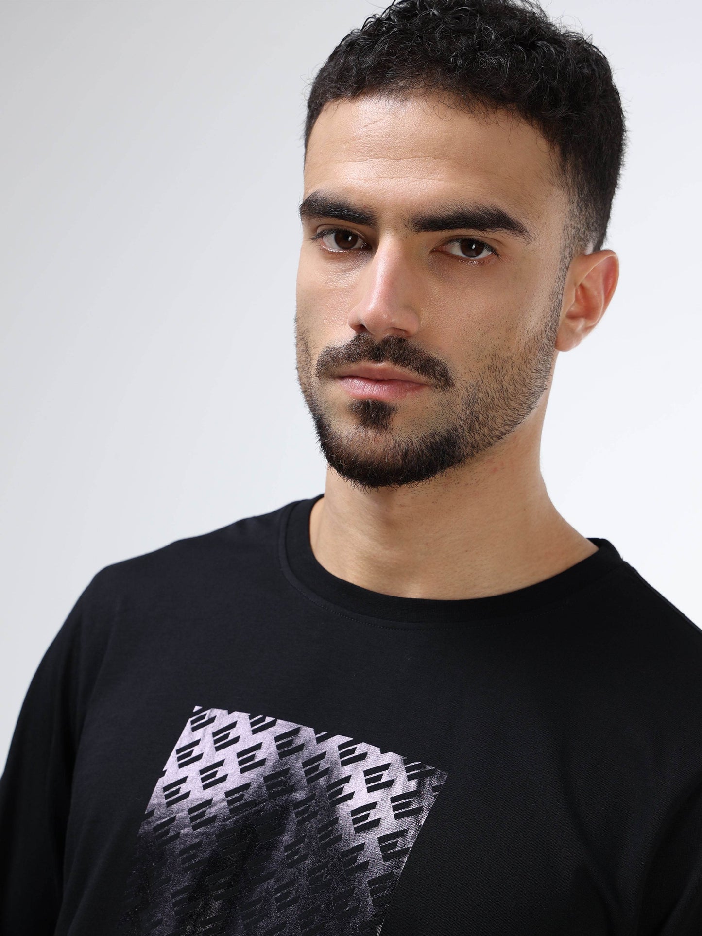 Regular-fit Full-Sleeve T-shirt in Supima Cotton Lycra with DTM Foil Print Detailing - Black - ENGYNE