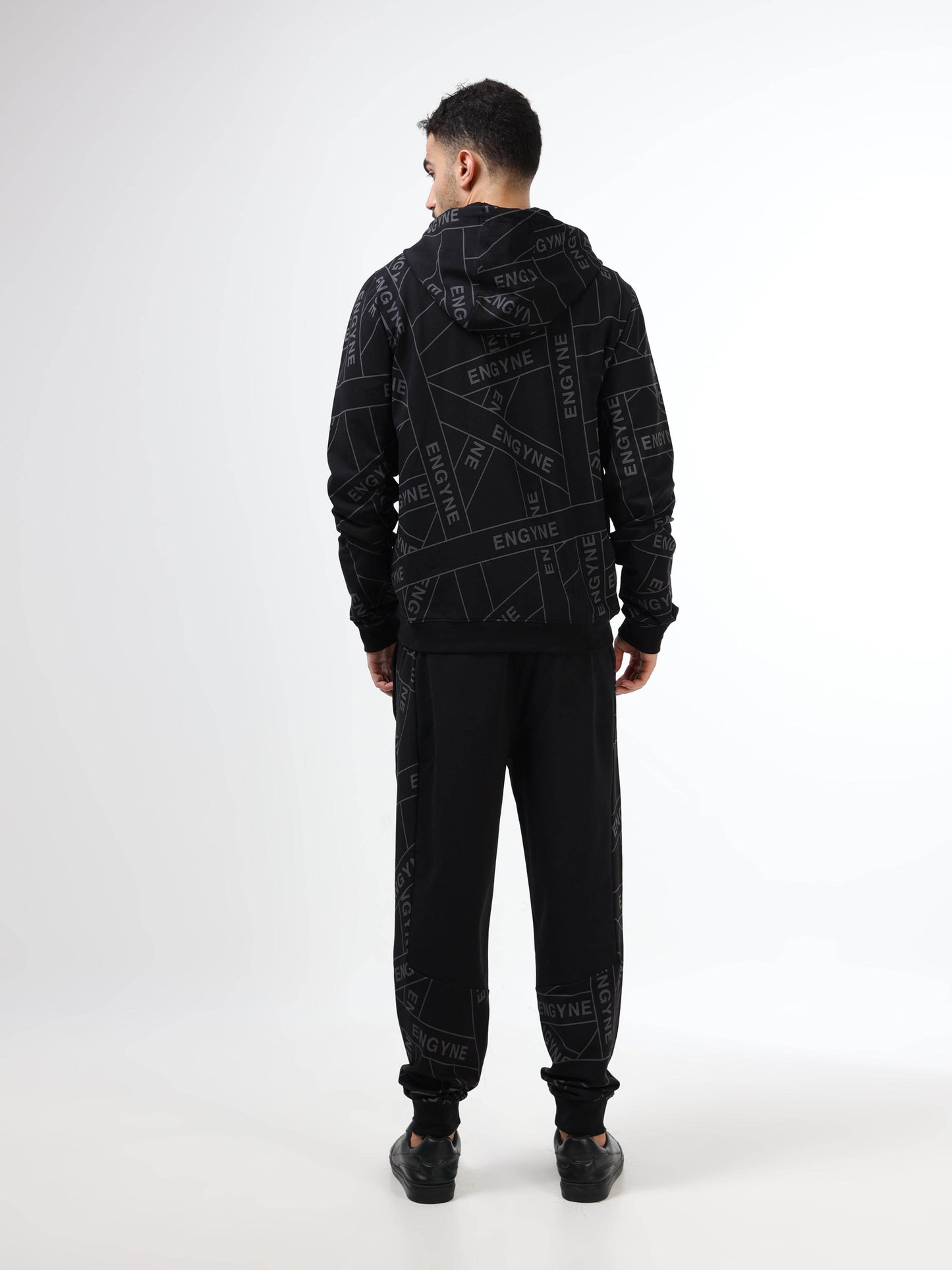 Regular Fit Hoodie in Cotton Poly Lycra Rougen Loop Knit with All Over ENGYNE Rotary Discharge Print - Black - ENGYNE