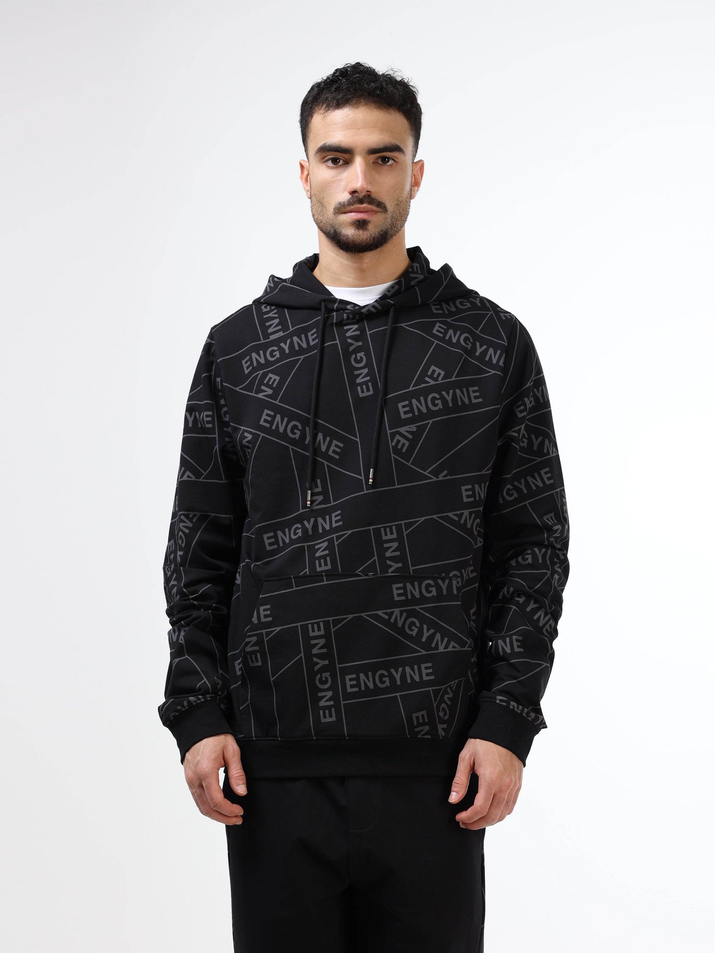Regular Fit Hoodie in Cotton Poly Lycra Rougen Loop Knit with All Over ENGYNE Rotary Discharge Print - Black - ENGYNE