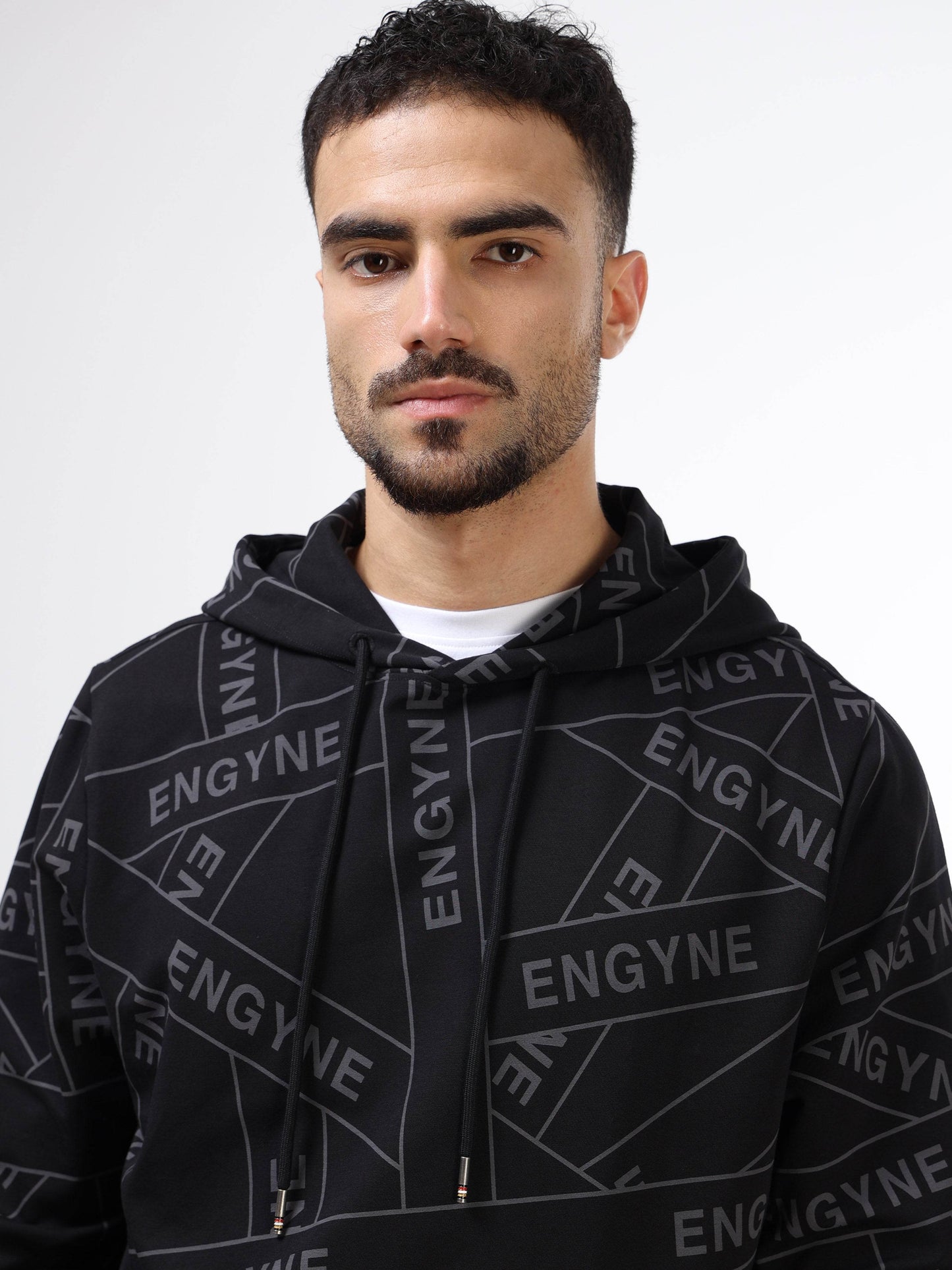 Regular Fit Hoodie in Cotton Poly Lycra Rougen Loop Knit with All Over ENGYNE Rotary Discharge Print - Black - ENGYNE