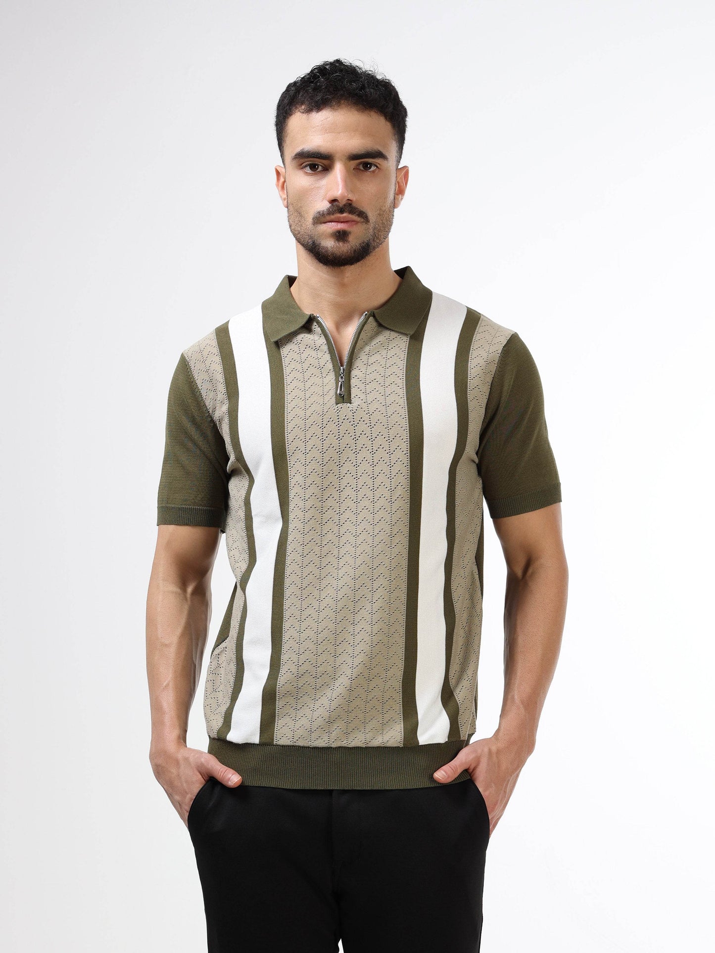 Chevron Stripe Flat-Knit Zip Polo - Olive - ENGYNE