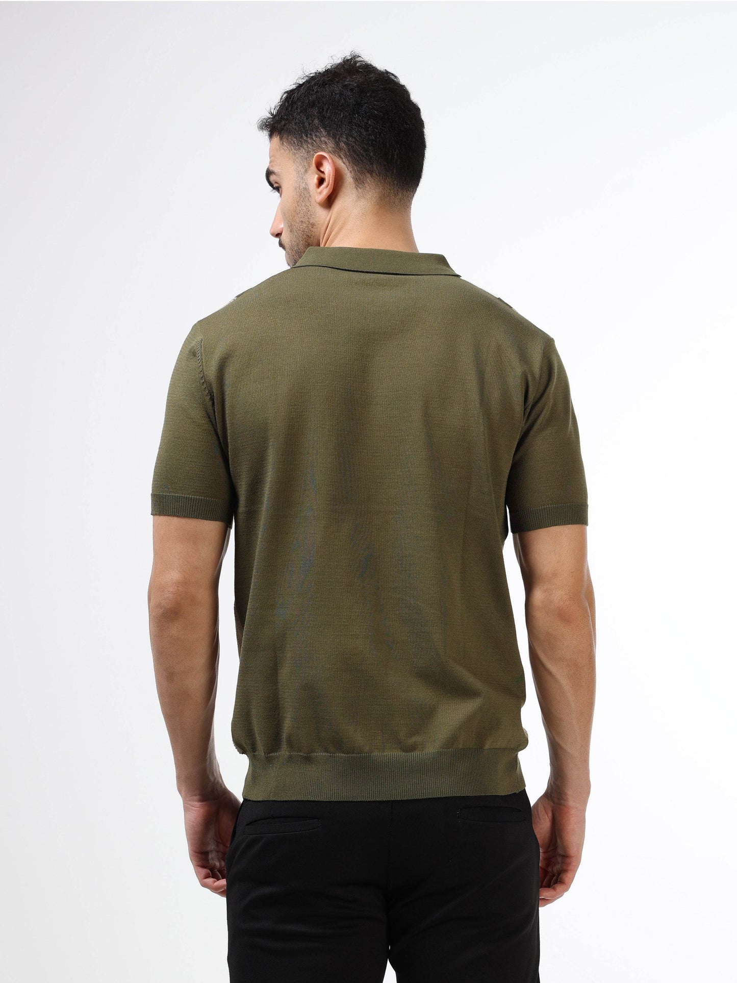 Chevron Stripe Flat-Knit Zip Polo - Olive - ENGYNE