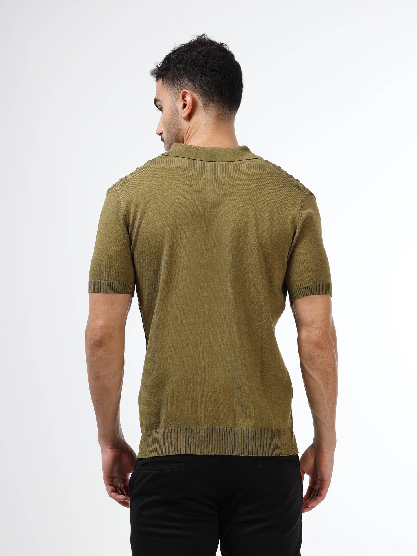 Vertical Stripe Flat-Knit Polo - Olive - ENGYNE
