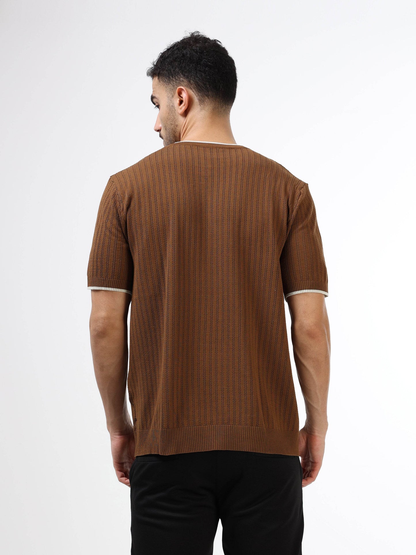 Tipped Edge Flat-Knit Tee - Brown - ENGYNE