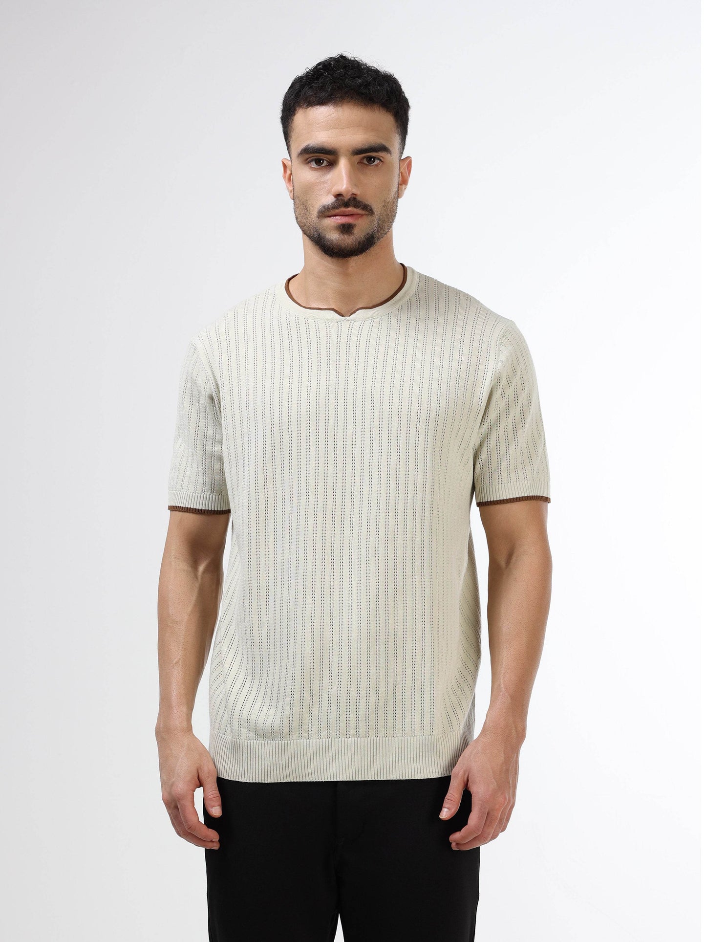 Tipped Edge Flat-Knit Tee - Off White - ENGYNE