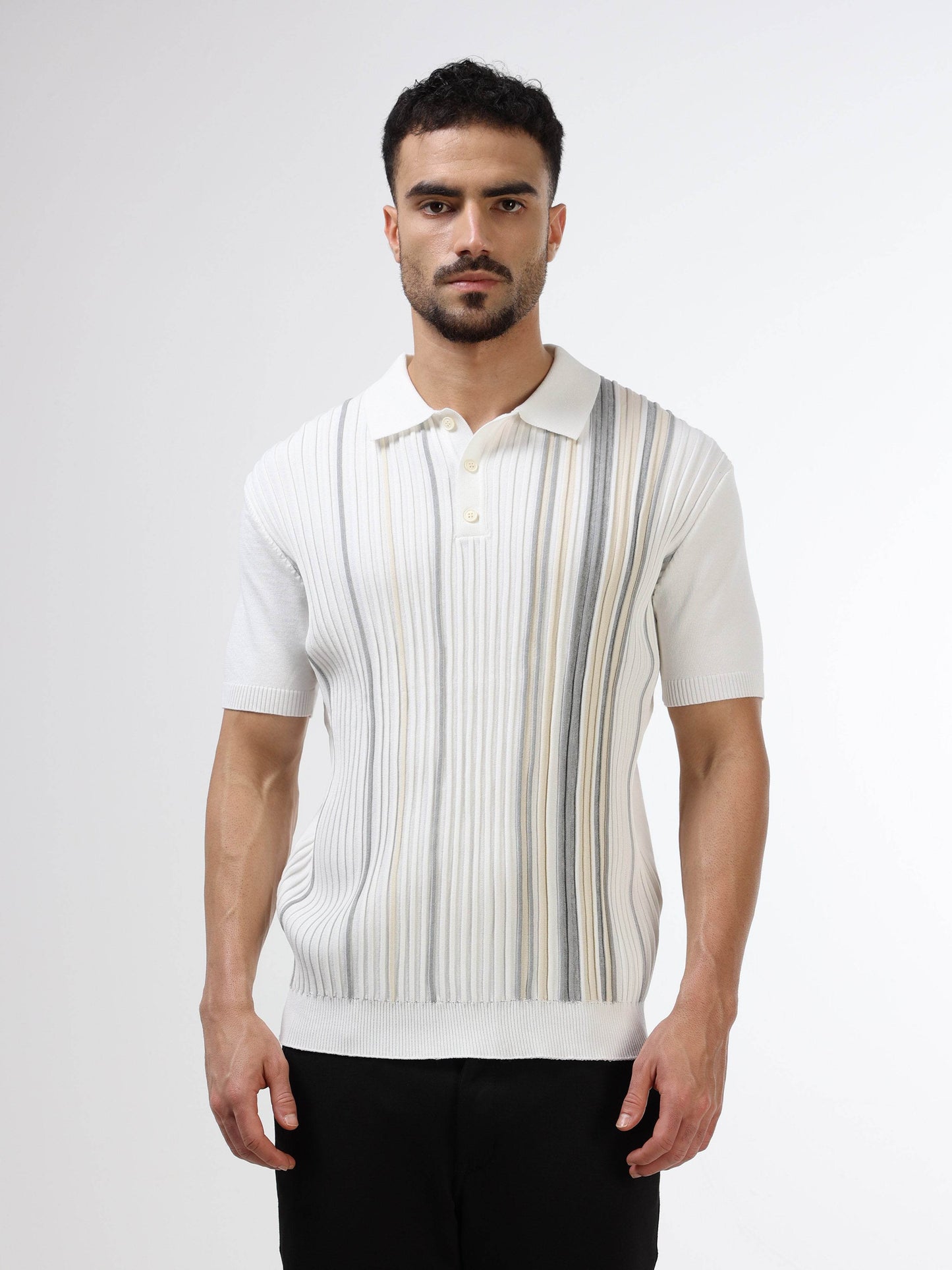 Vertical Stripe Flat-Knit Polo - White - ENGYNE