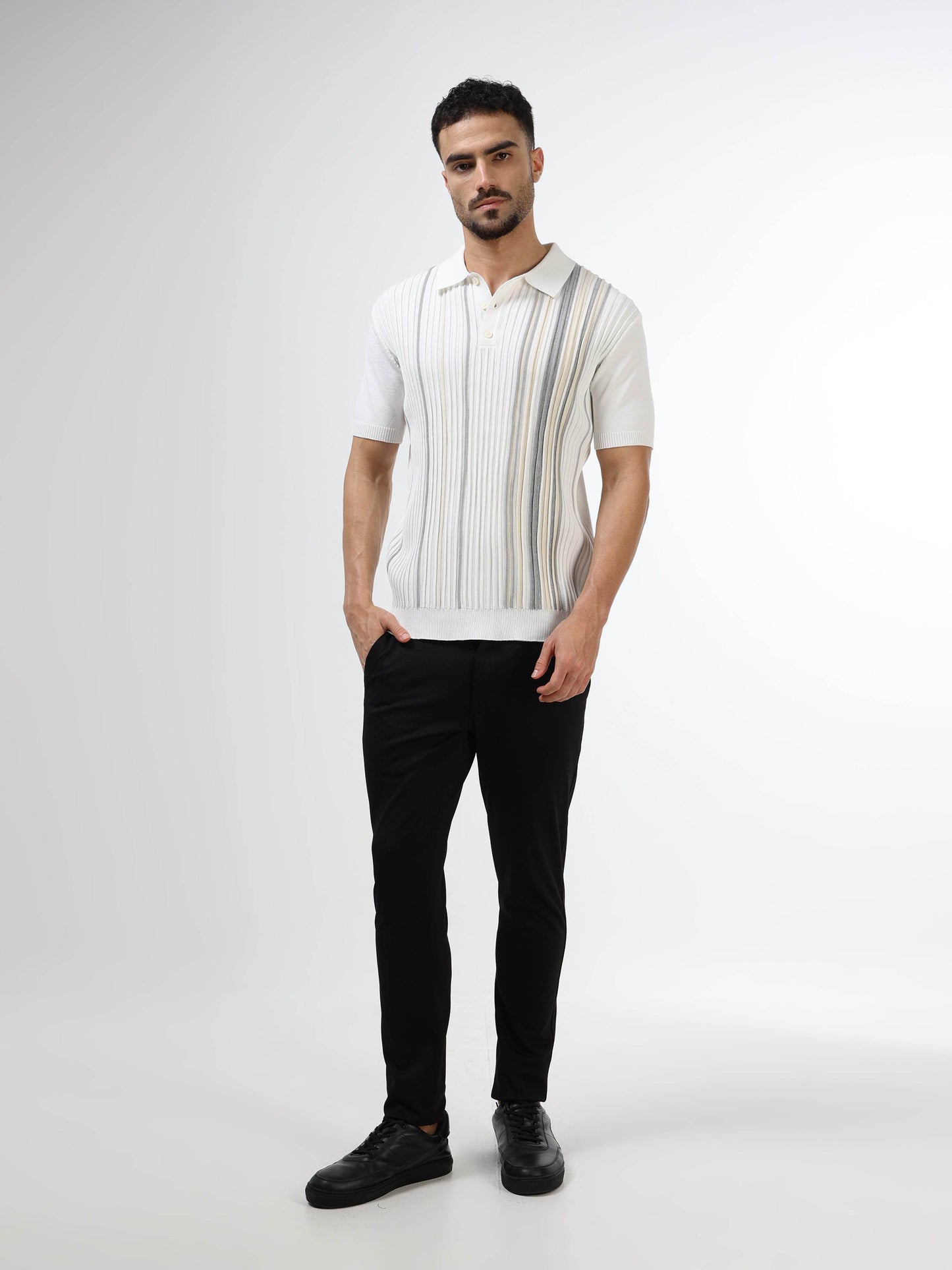 Vertical Stripe Flat-Knit Polo - White - ENGYNE