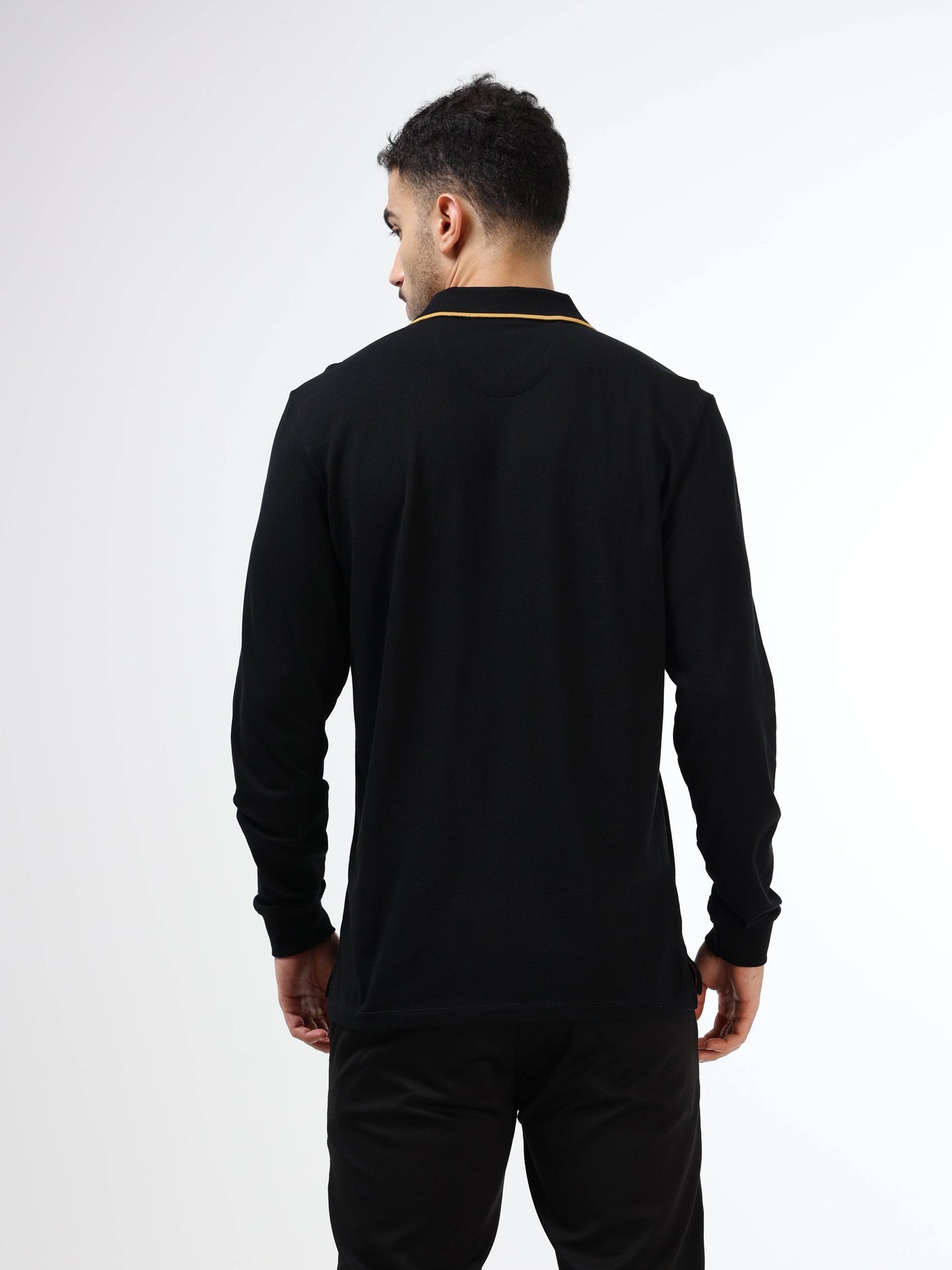 Regular Fit Polo in Supima Cotton Lycra Piqué with DTM Tipped Flat Knit Collar and Cuff, Zipper Placket, and HD Chest Branding Sticker - Black - ENGYNE