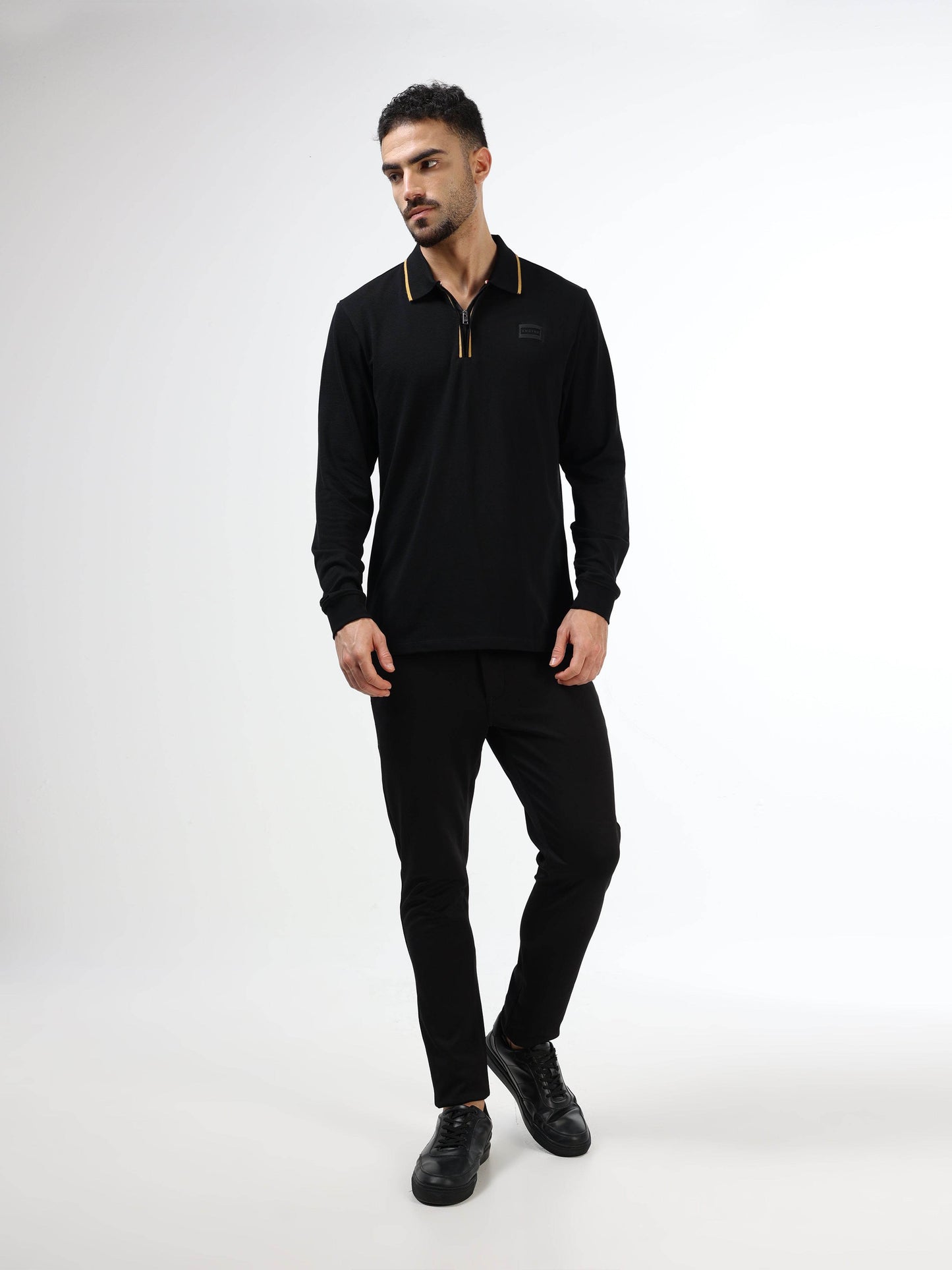 Regular Fit Polo in Supima Cotton Lycra Piqué with DTM Tipped Flat Knit Collar and Cuff, Zipper Placket, and HD Chest Branding Sticker - Black - ENGYNE