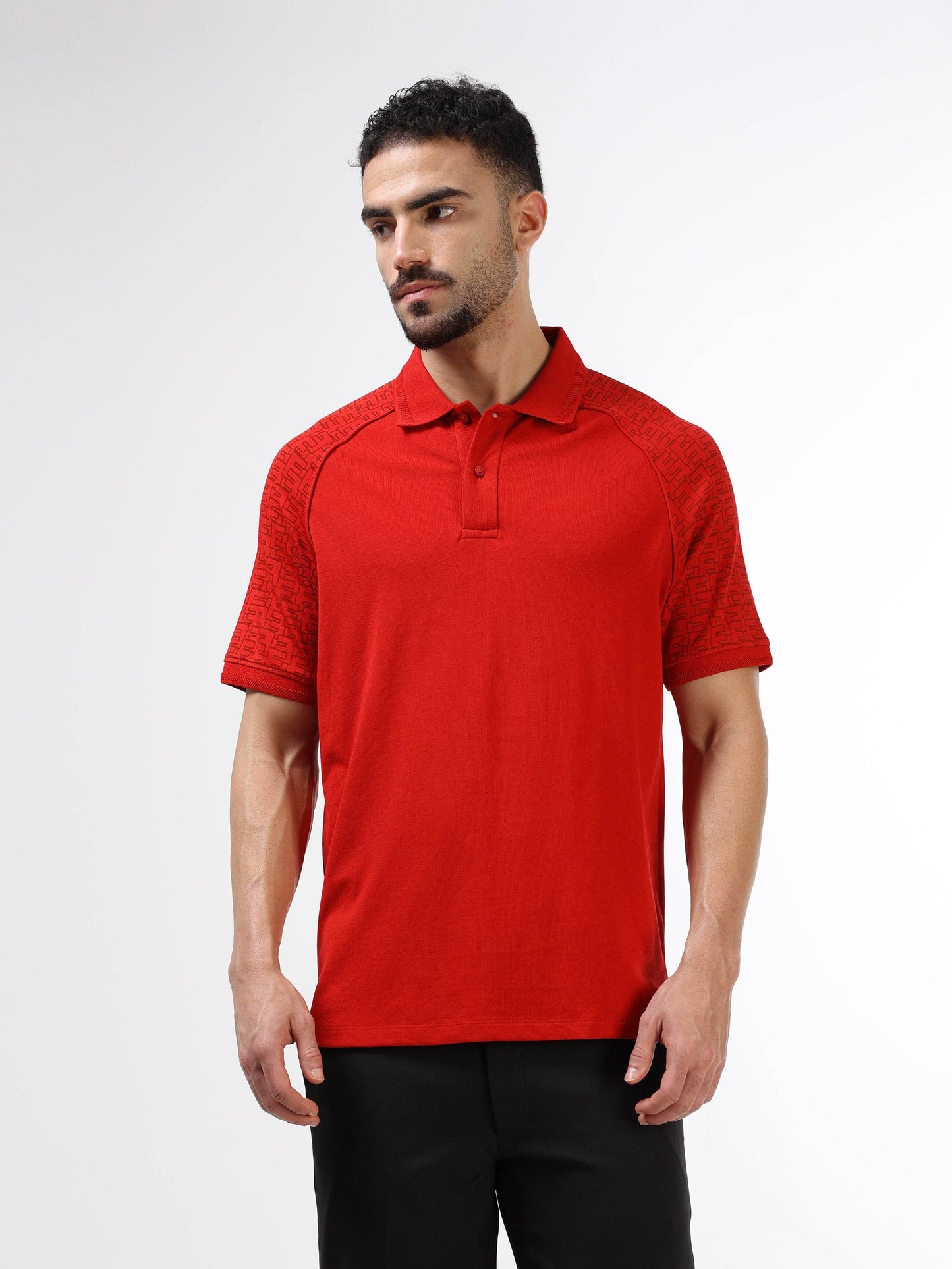 Regular Fit Polo with Printed Raglan Sleeves in Supima Cotton Lycra Interlock and Piqué Body Featuring DTM Corded Piping -Red - ENGYNE