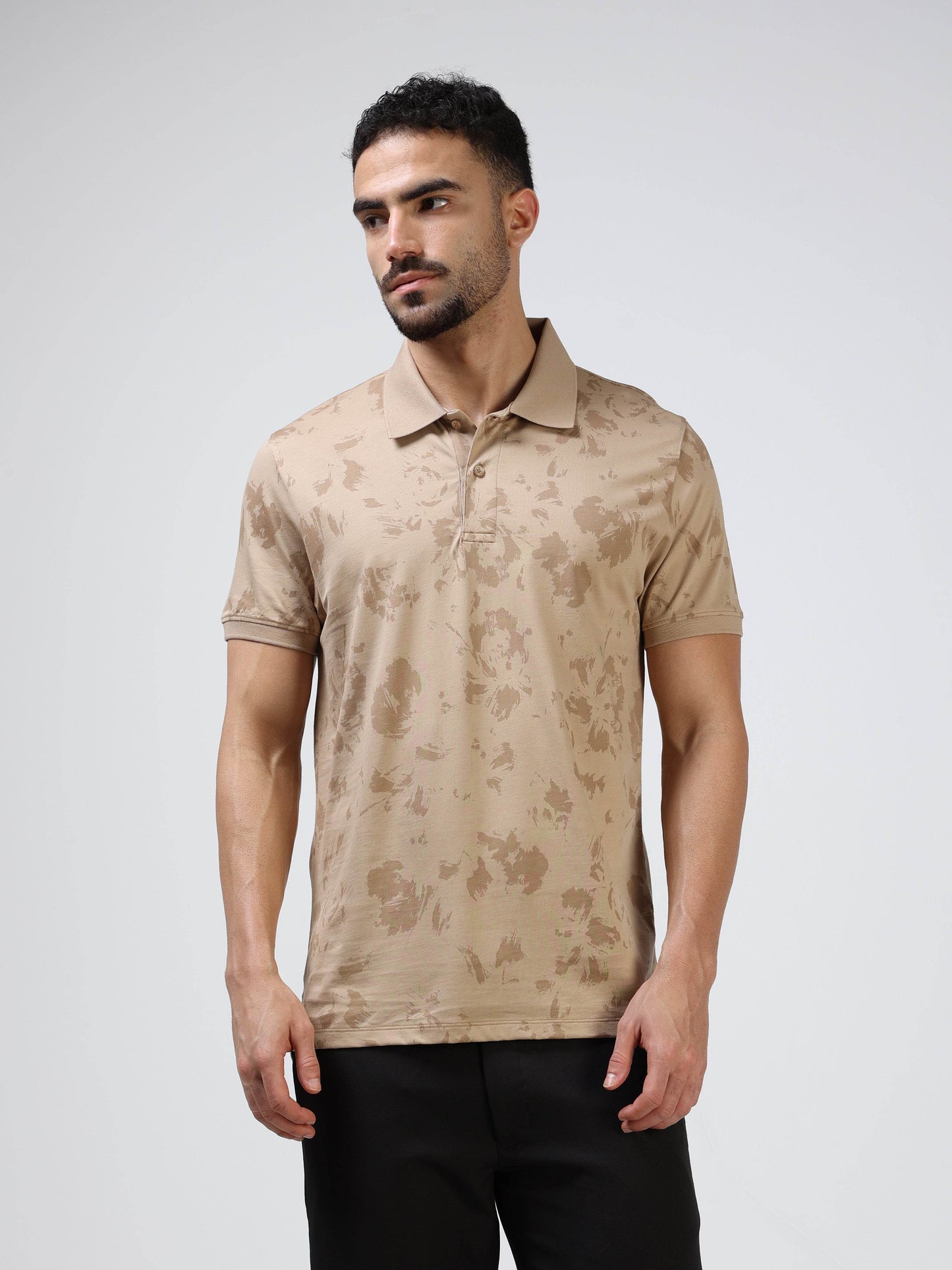 Regular Fit Supima Cotton LuxeKnit Polo with All Over Floral Rotary Pigment Print and Slim Flat Knit Collar and Cuff -Tan - ENGYNE