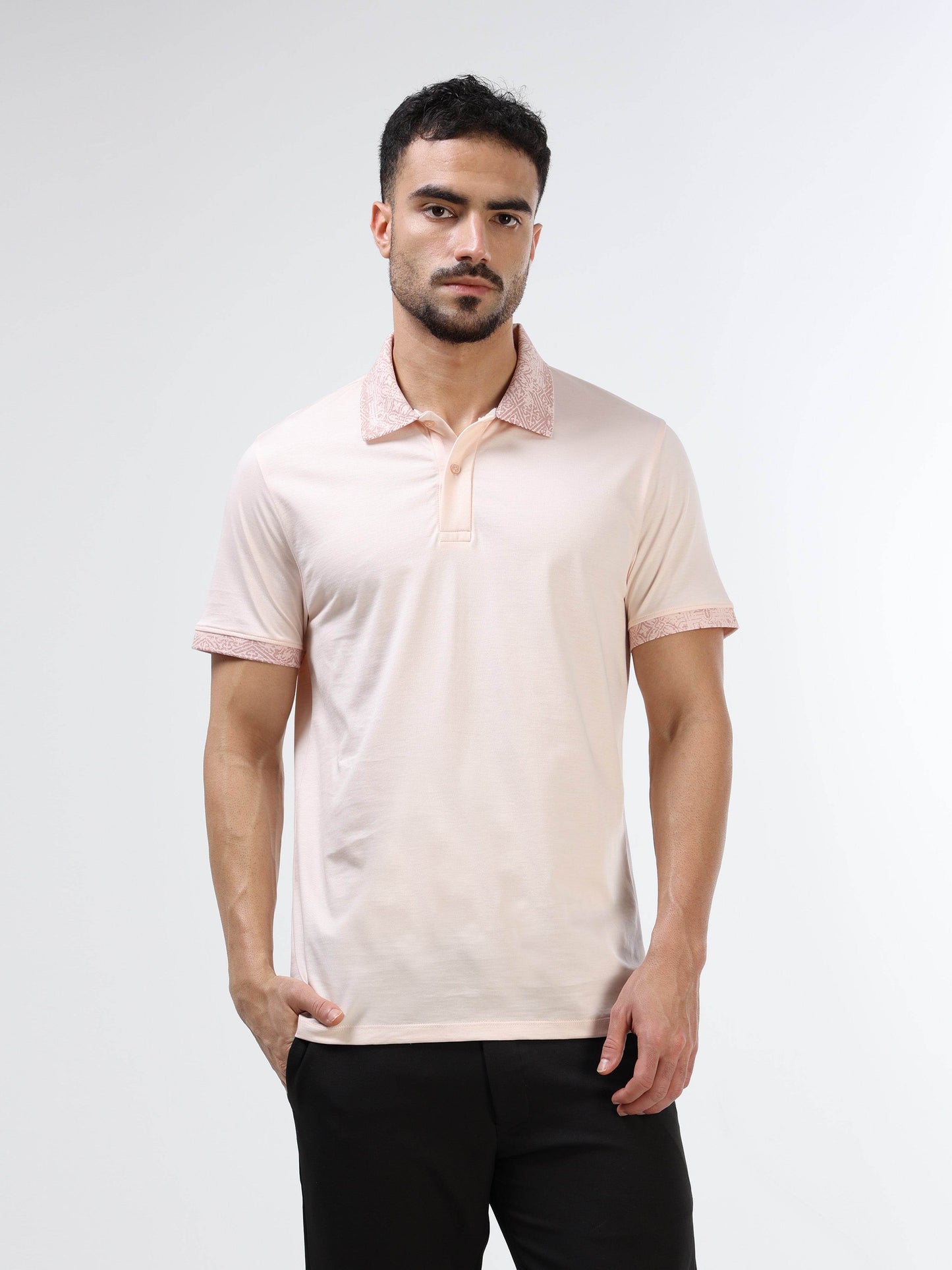 Regular Fit Supima Cotton LuxeKnit with Pigment Printed Slim Collar and Cuff - Light Pink - ENGYNE