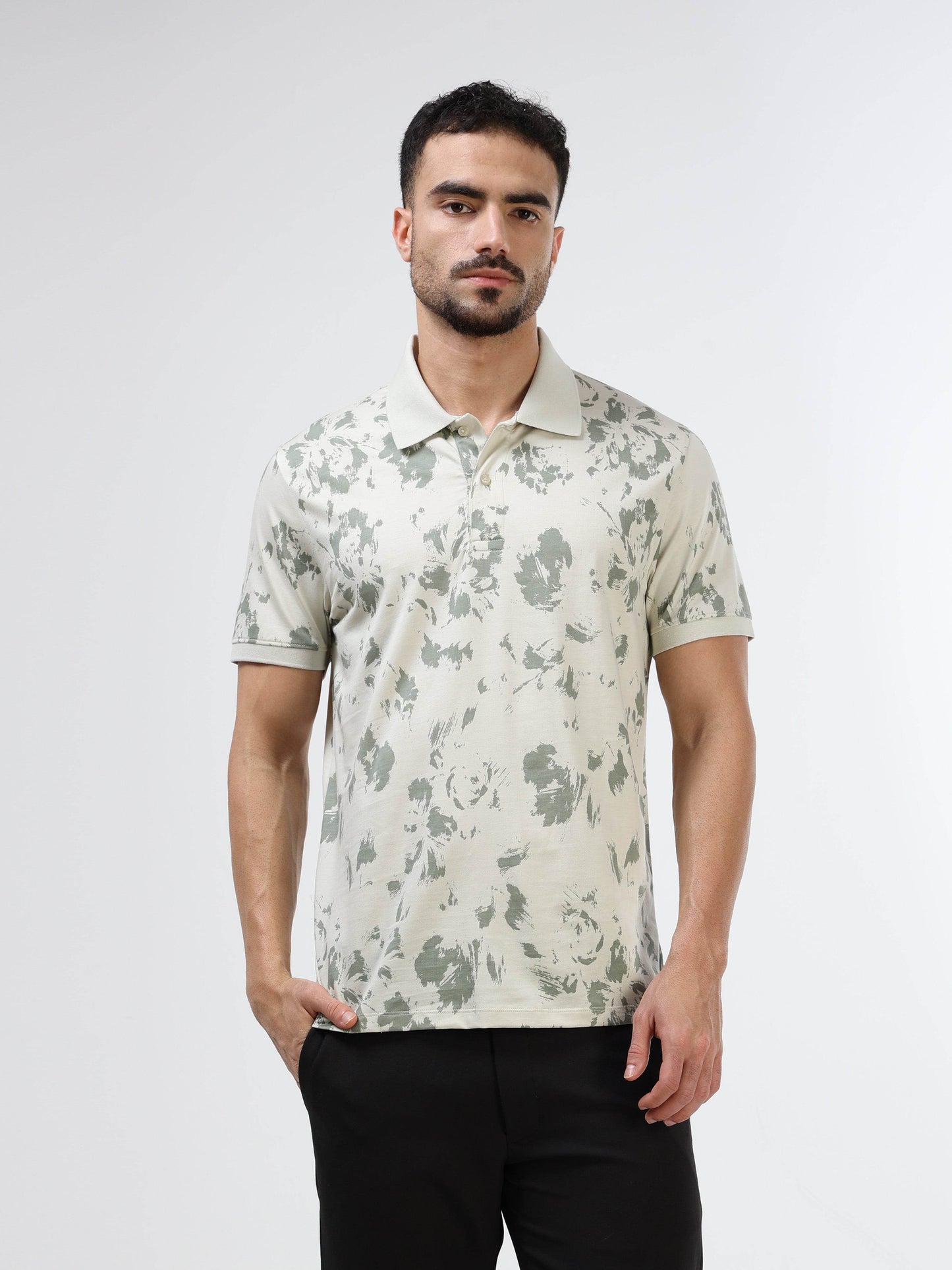 Regular Fit Supima Cotton LuxeKnit Polo with All Over Floral Rotary Pigment Print and Slim Flat Knit Collar and Cuff - Light Green - ENGYNE