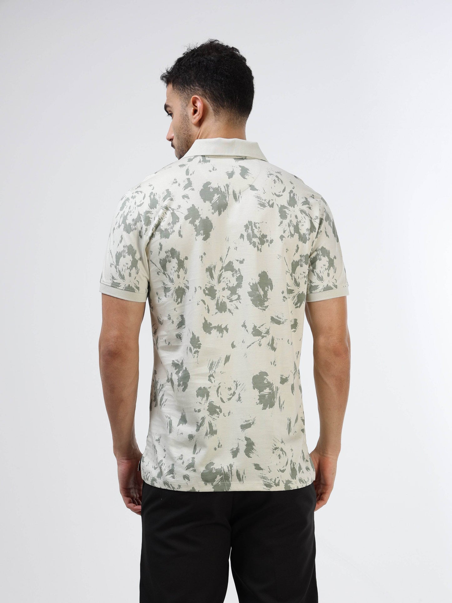 Regular Fit Supima Cotton LuxeKnit Polo with All Over Floral Rotary Pigment Print and Slim Flat Knit Collar and Cuff - Light Green - ENGYNE