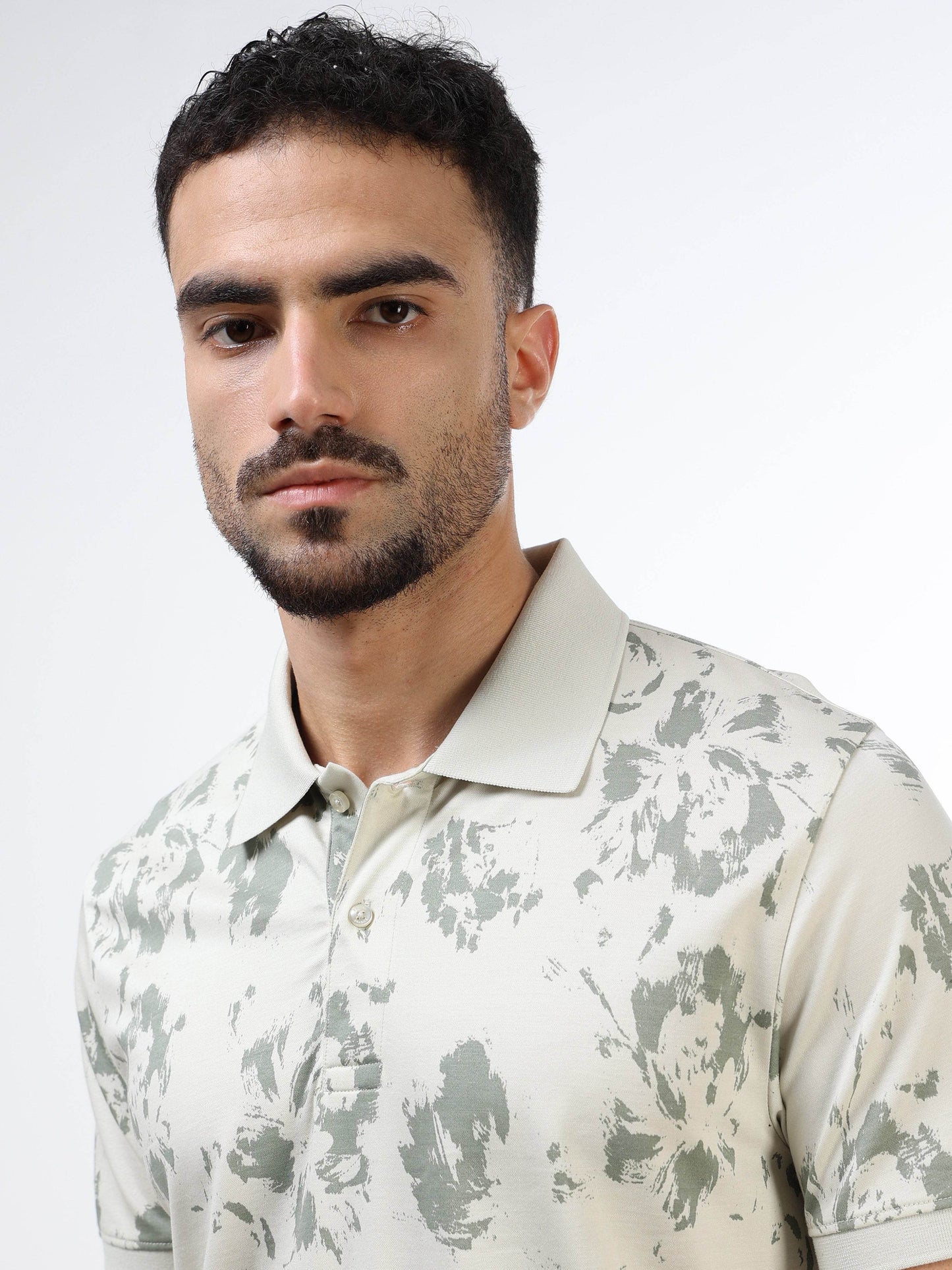 Regular Fit Supima Cotton LuxeKnit Polo with All Over Floral Rotary Pigment Print and Slim Flat Knit Collar and Cuff - Light Green - ENGYNE