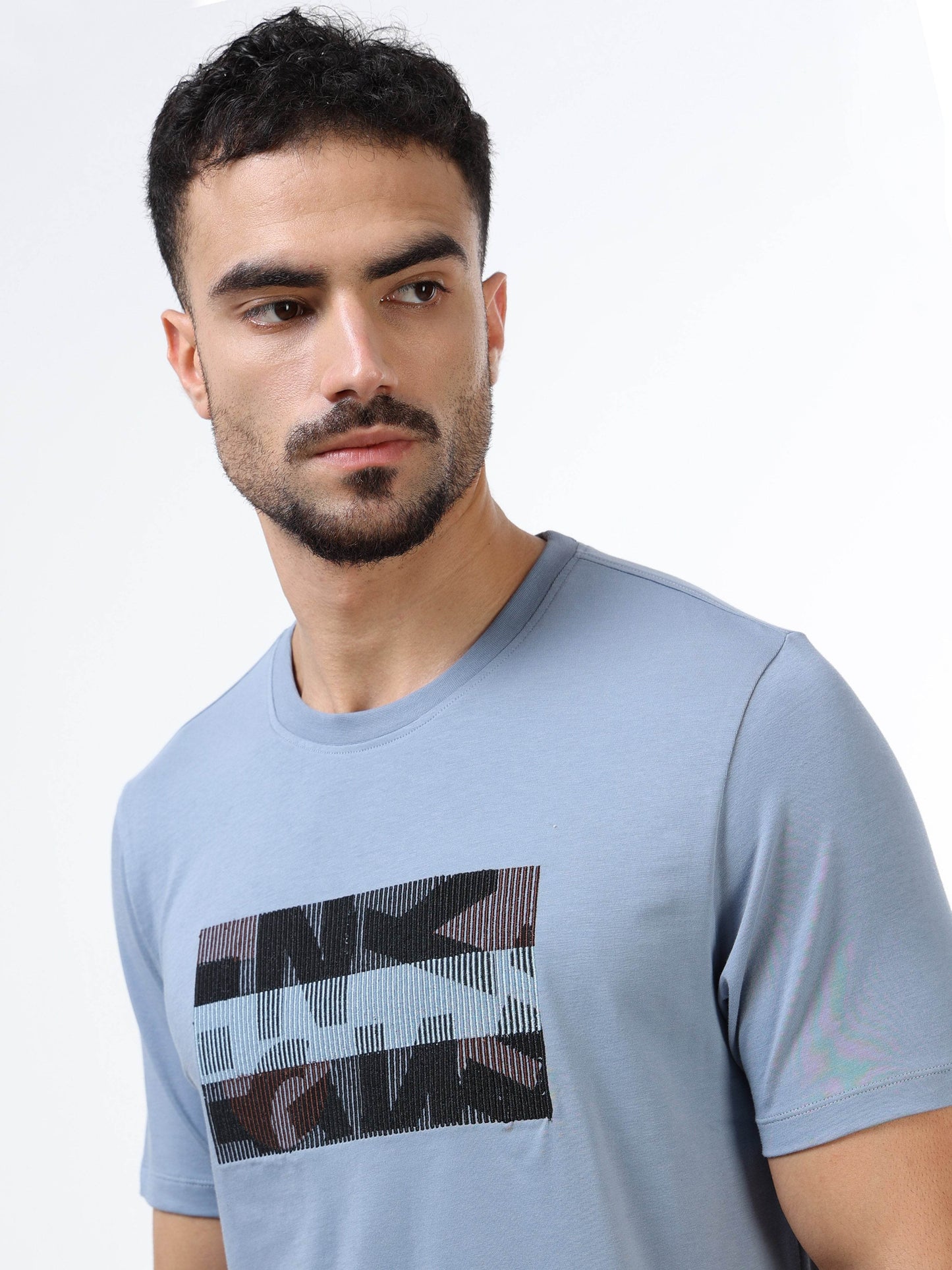 Regular Fit T-shirt in Supima Cotton Lycra with Non-PVC Print and Chest Embroidery Featuring Branded Artwork Play - Dusty Blue - ENGYNE