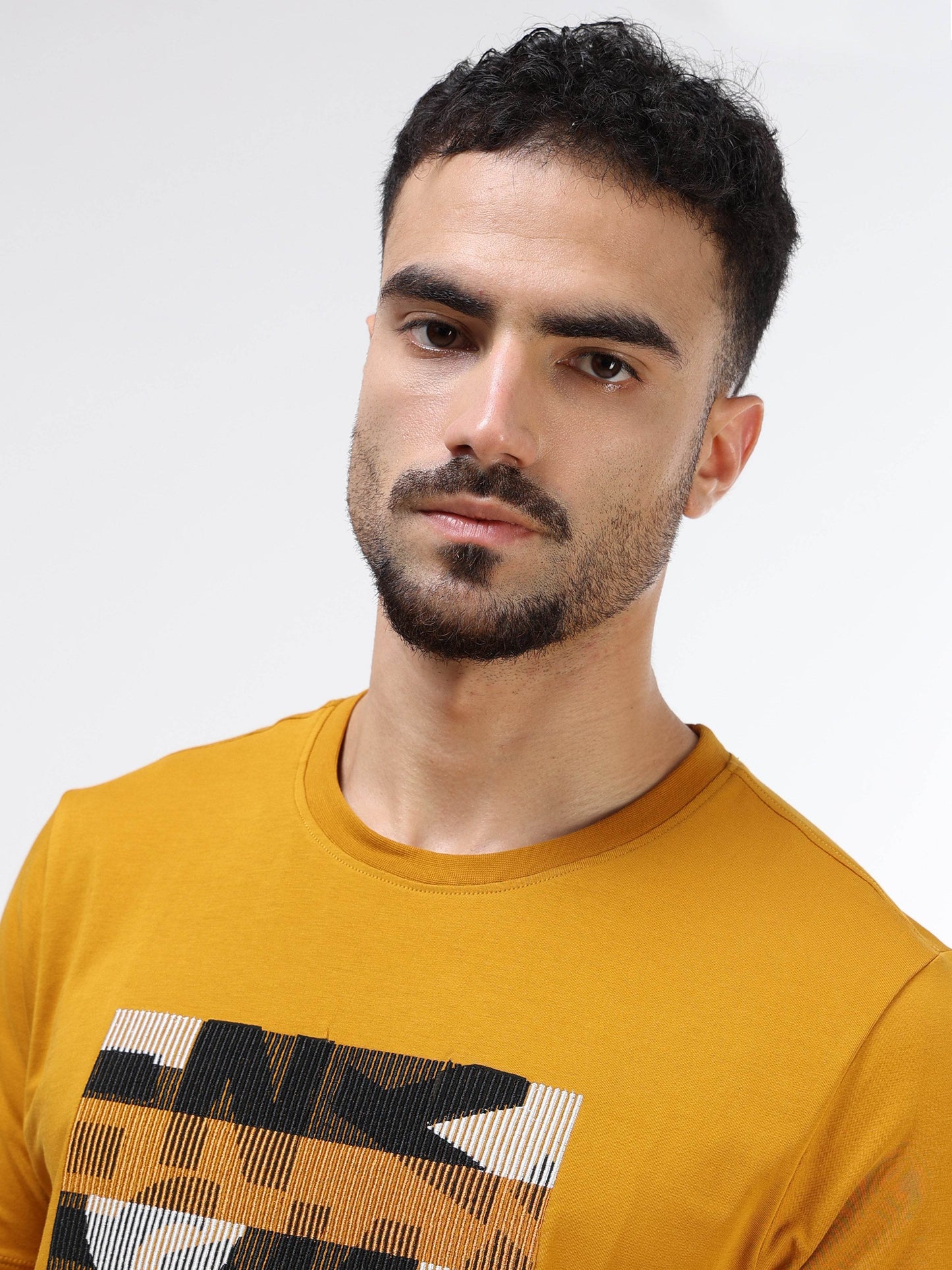 Regular Fit T-shirt in Supima Cotton Lycra with Non-PVC Print and Chest Embroidery Featuring Branded Artwork Play - Mustard - ENGYNE