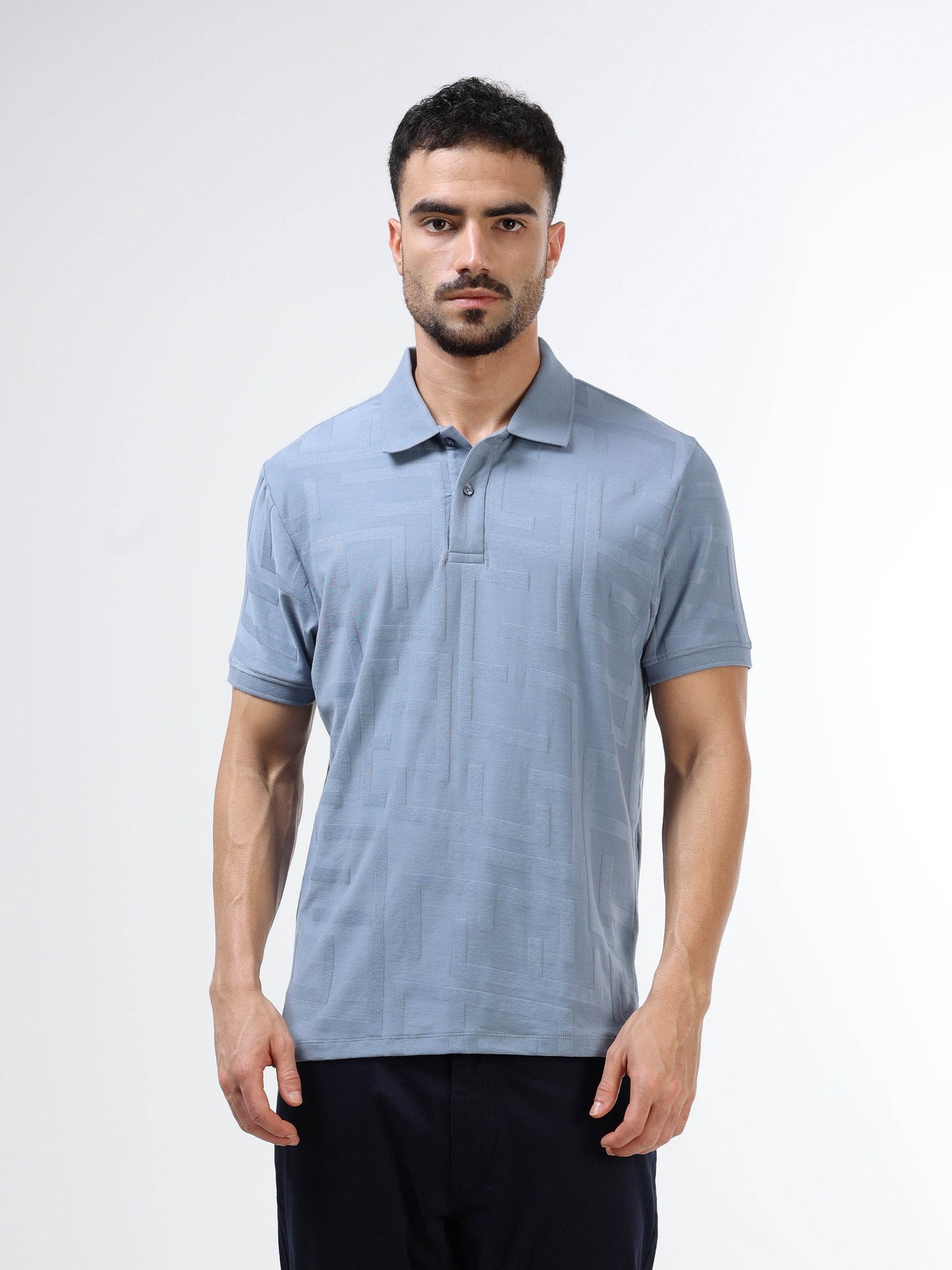Regular Fit Engyne Monogram Rougen cotton jacquard polo with elevated texture and refined geometric pattern, blending modern detailing with timeless craftsmanship - Dusty Blue - ENGYNE