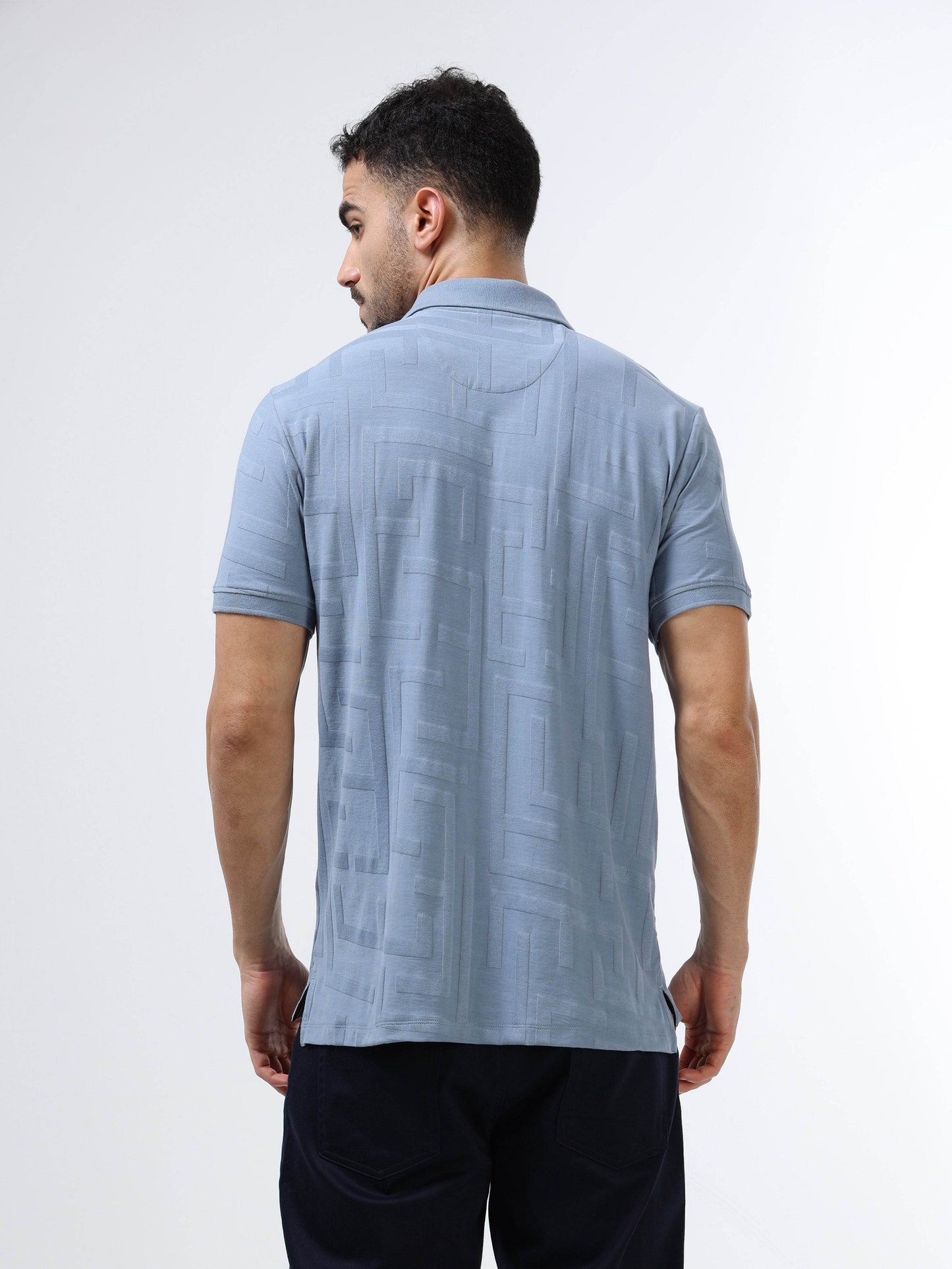 Regular Fit Engyne Monogram Rougen cotton jacquard polo with elevated texture and refined geometric pattern, blending modern detailing with timeless craftsmanship - Dusty Blue - ENGYNE