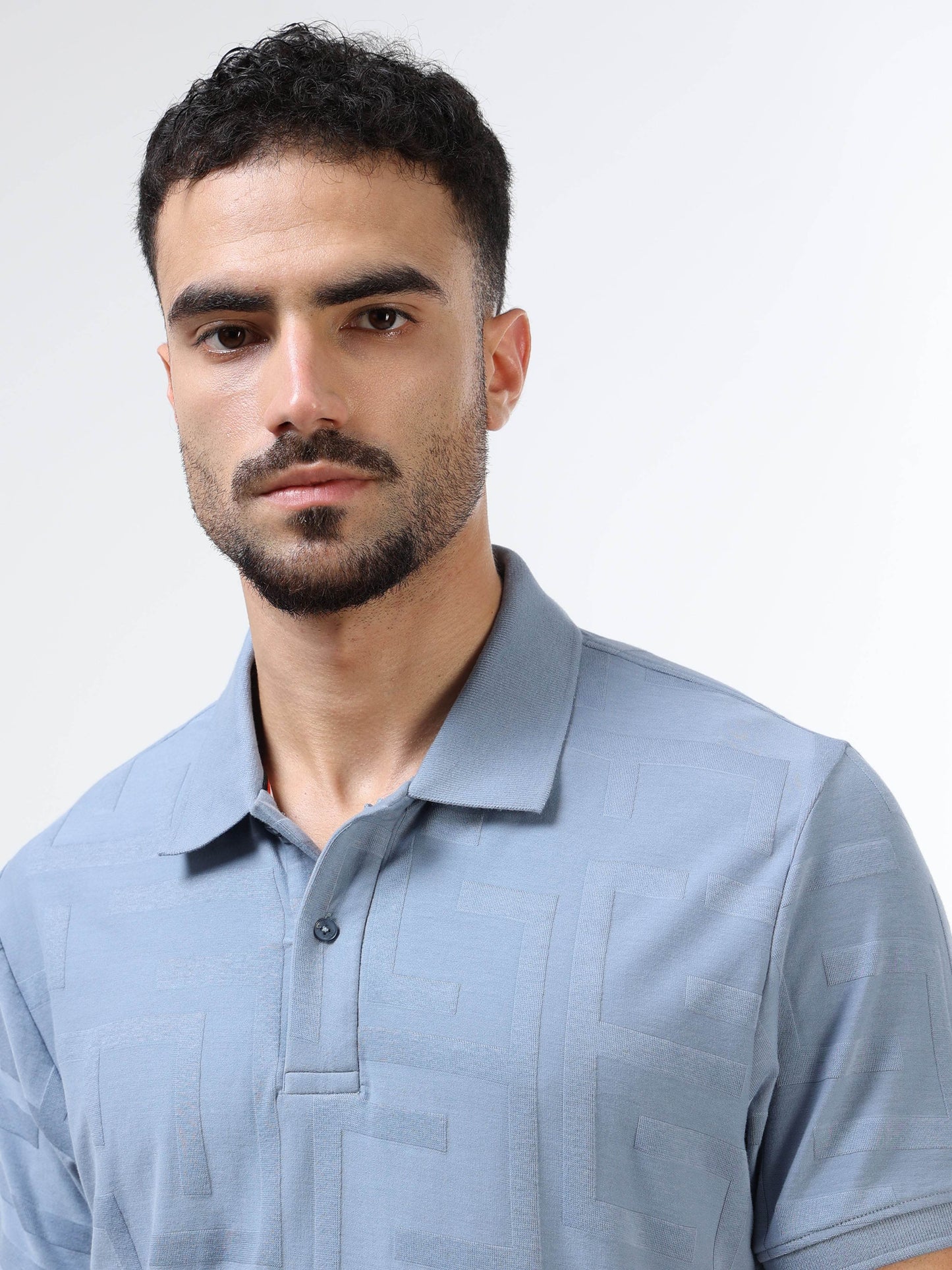 Regular Fit Engyne Monogram Rougen cotton jacquard polo with elevated texture and refined geometric pattern, blending modern detailing with timeless craftsmanship - Dusty Blue - ENGYNE
