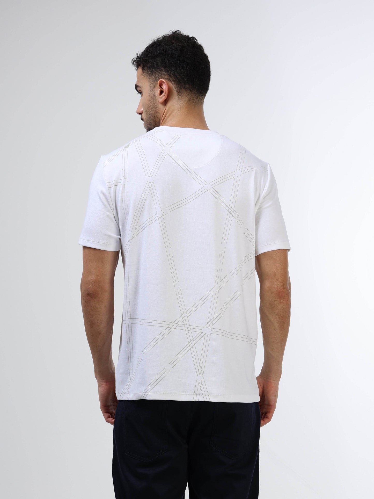 Regular Fit T-shirt in Supima Cotton Lycra Interlock with Geometric Pigment Panel Print - White - ENGYNE