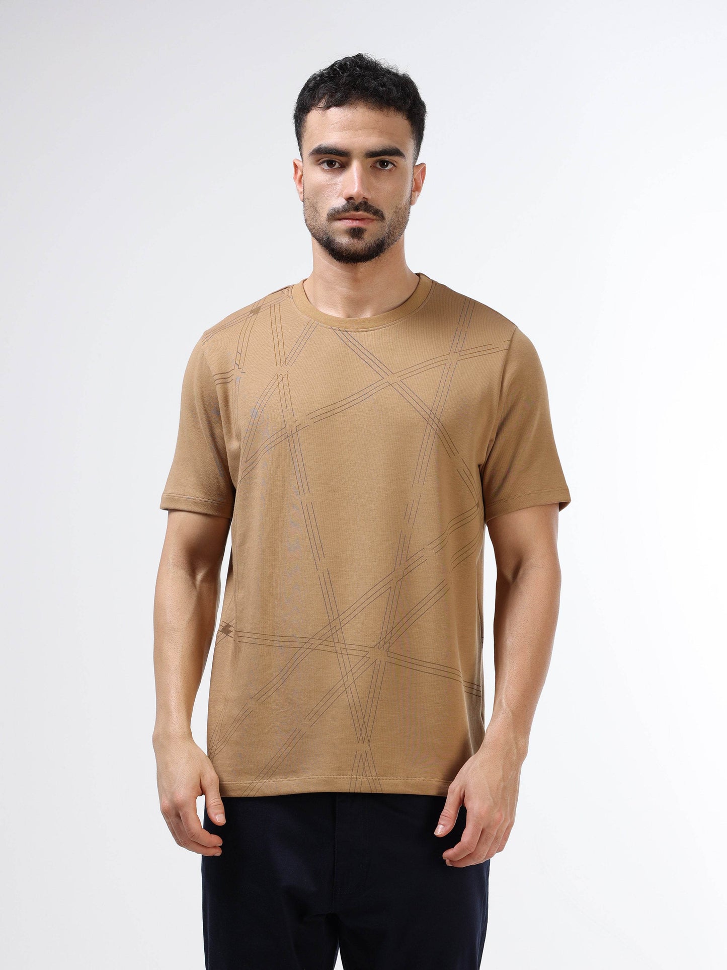 Regular Fit T-shirt in Supima Cotton Lycra Interlock with Geometric Pigment Panel Print - Khaki - ENGYNE