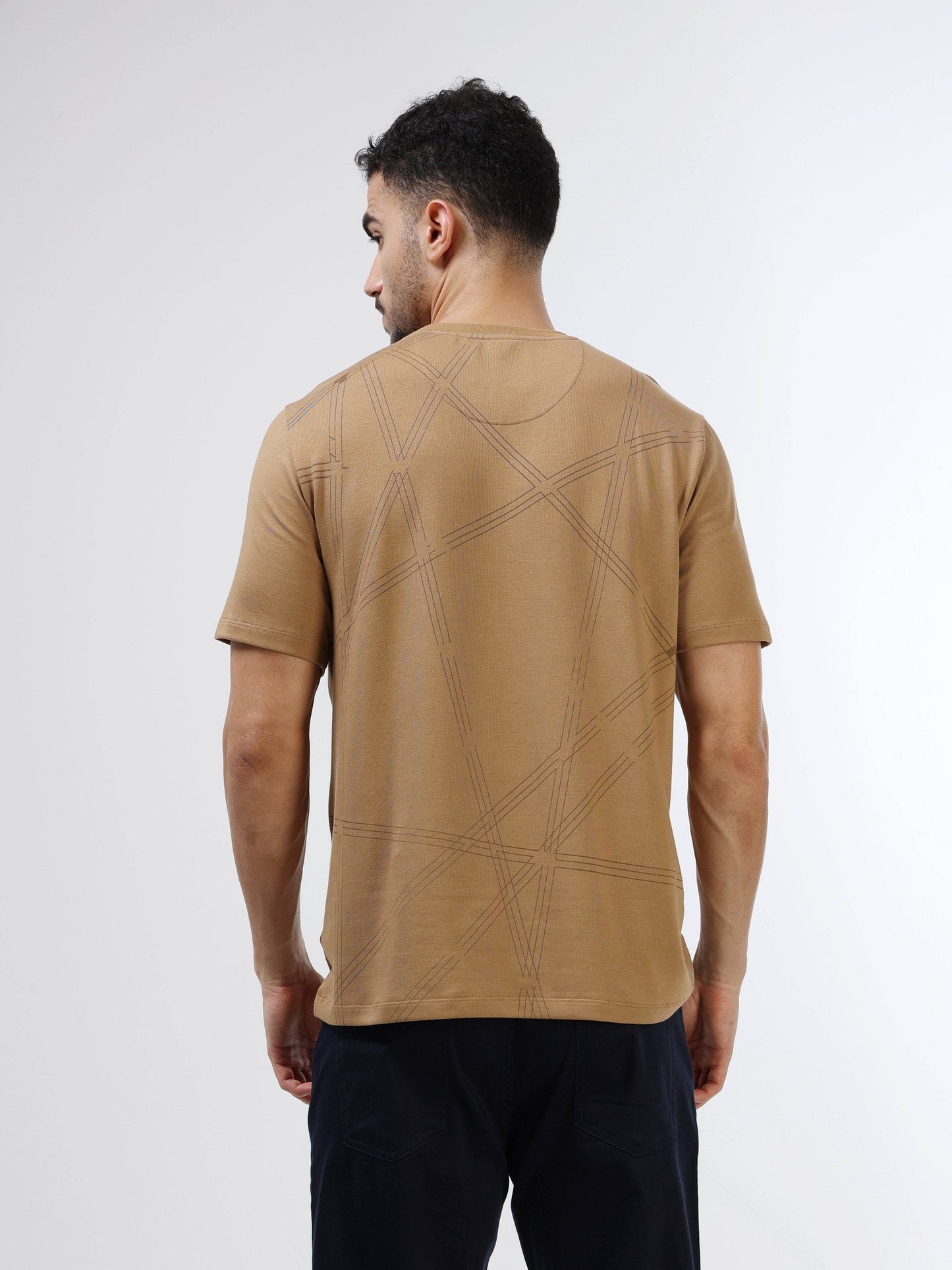 Regular Fit T-shirt in Supima Cotton Lycra Interlock with Geometric Pigment Panel Print - Khaki - ENGYNE
