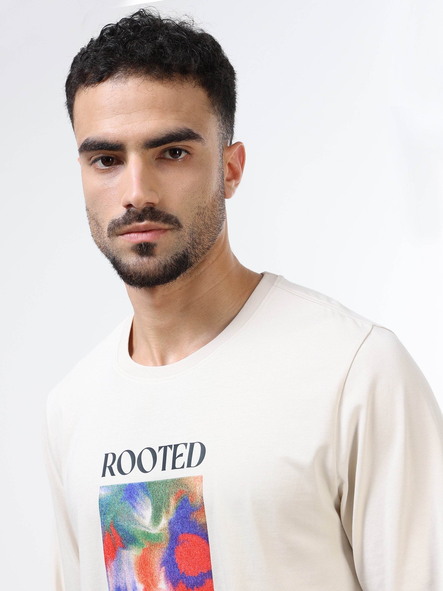 Regular-fit Full-Sleeve T-shirt in Supima Cotton Lycra with Digital Flock and DTF Print Detailing - Beige - ENGYNE