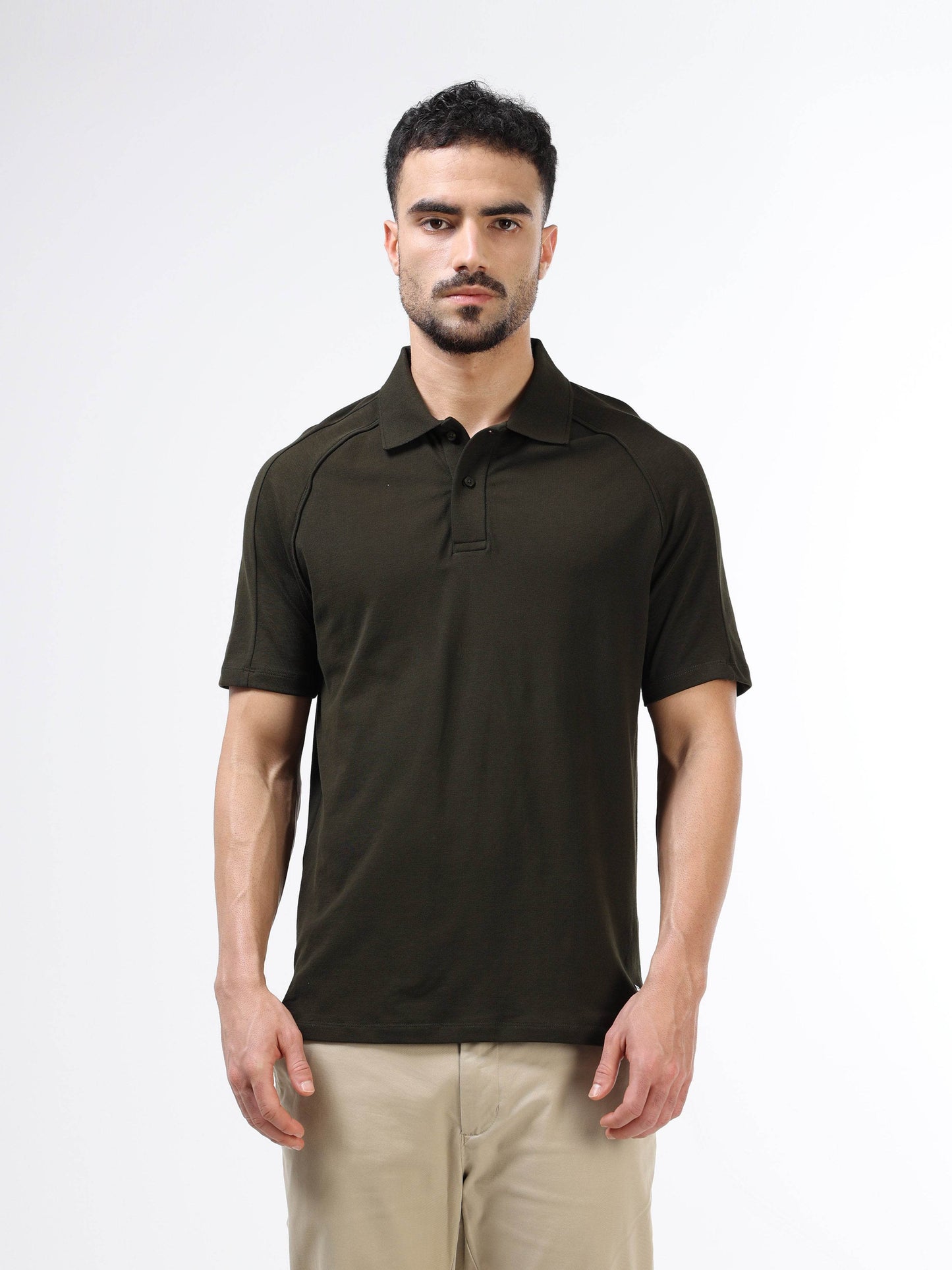 Regular Fit Polo with Cut and Sew Sleeves and DTM Corded Piping in Supima Cotton Lycra Piqué and Interlock - Olive - ENGYNE