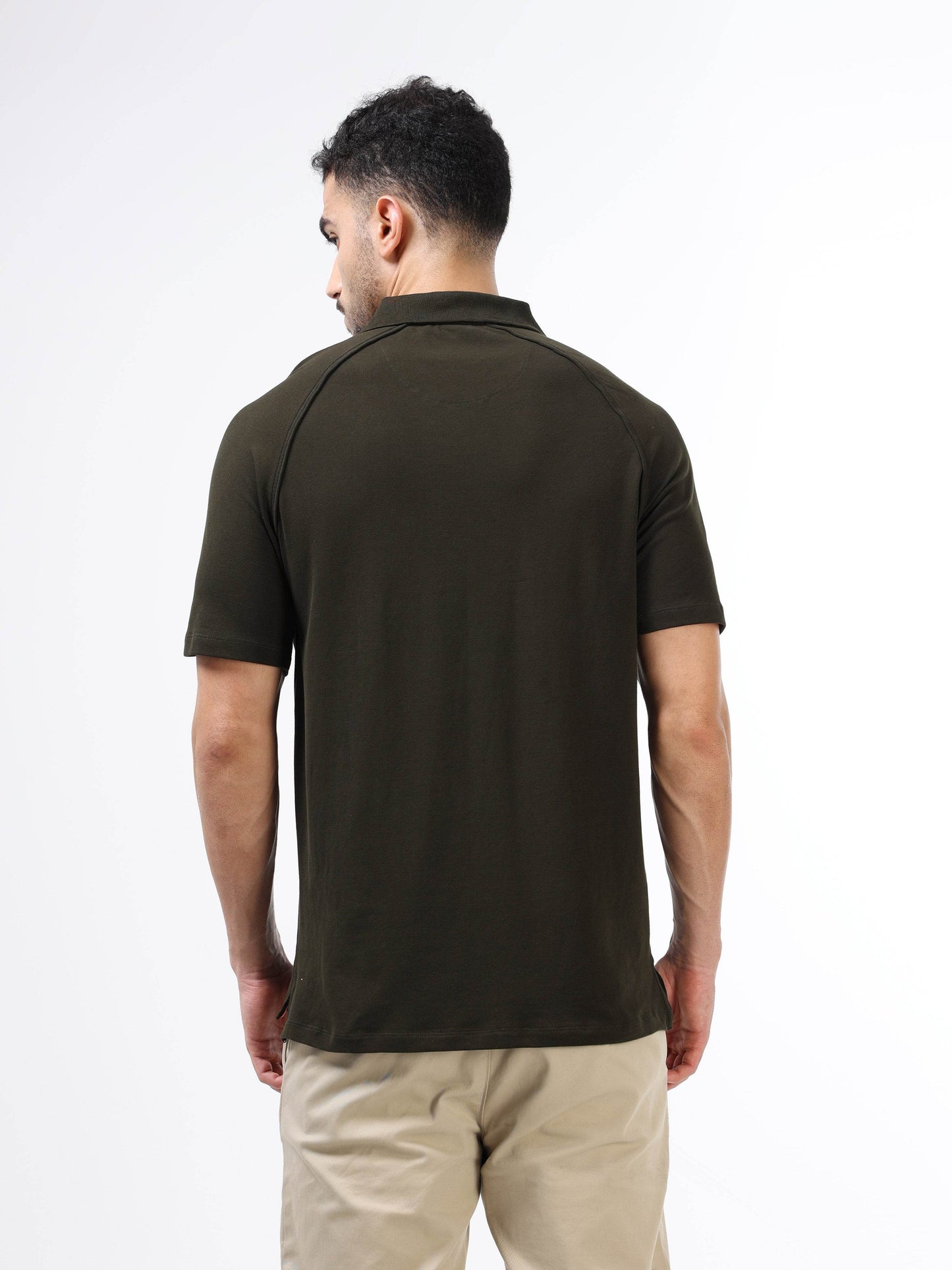 Regular Fit Polo with Cut and Sew Sleeves and DTM Corded Piping in Supima Cotton Lycra Piqué and Interlock - Olive - ENGYNE