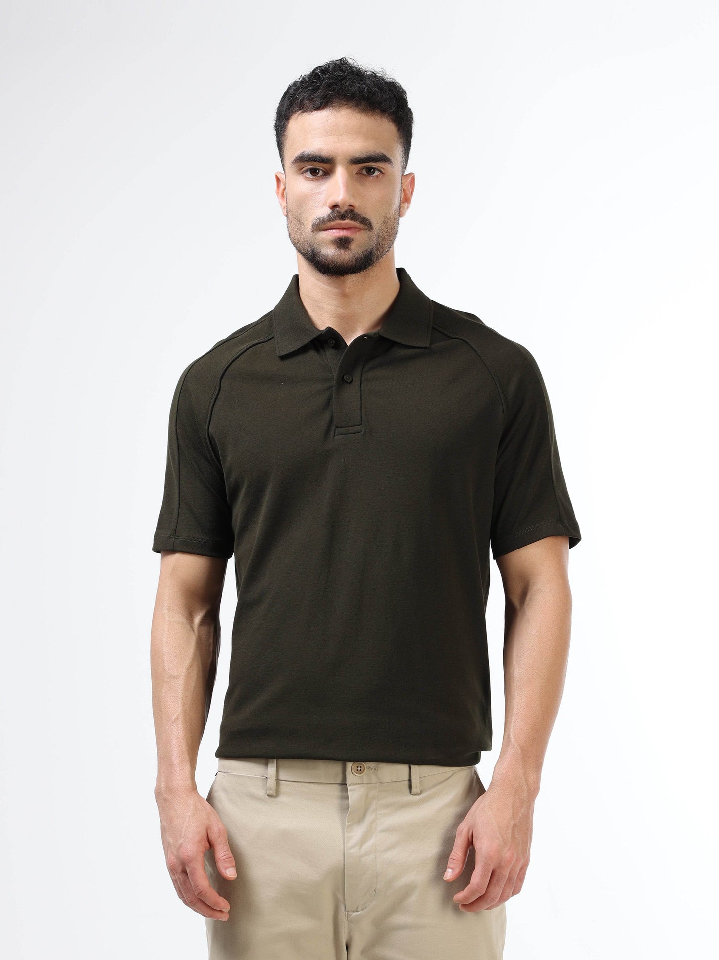 Regular Fit Polo with Cut and Sew Sleeves and DTM Corded Piping in Supima Cotton Lycra Piqué and Interlock - Olive - ENGYNE