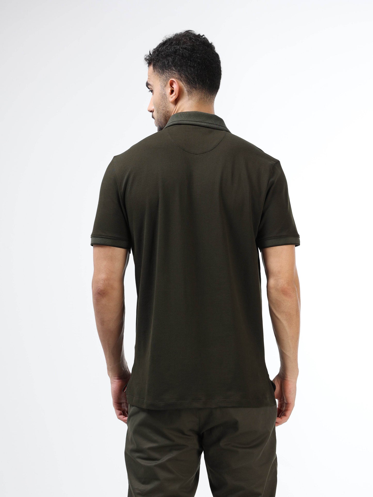Regular Fit Polo in Supima Cotton Lycra Piqué with Tonal Flat Knit Collar and Cuff, DTM Body Tipping, and HD Chest Sticker Branding - Olive - ENGYNE