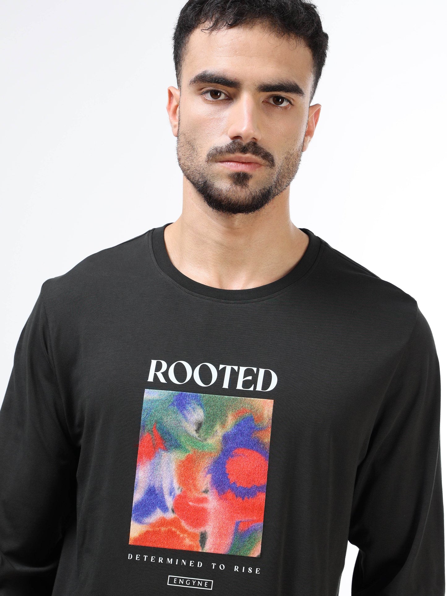 Regular-fit Full-Sleeve T-shirt in Supima Cotton Lycra with Digital Flock and DTF Print Detailing - Dark Olive - ENGYNE