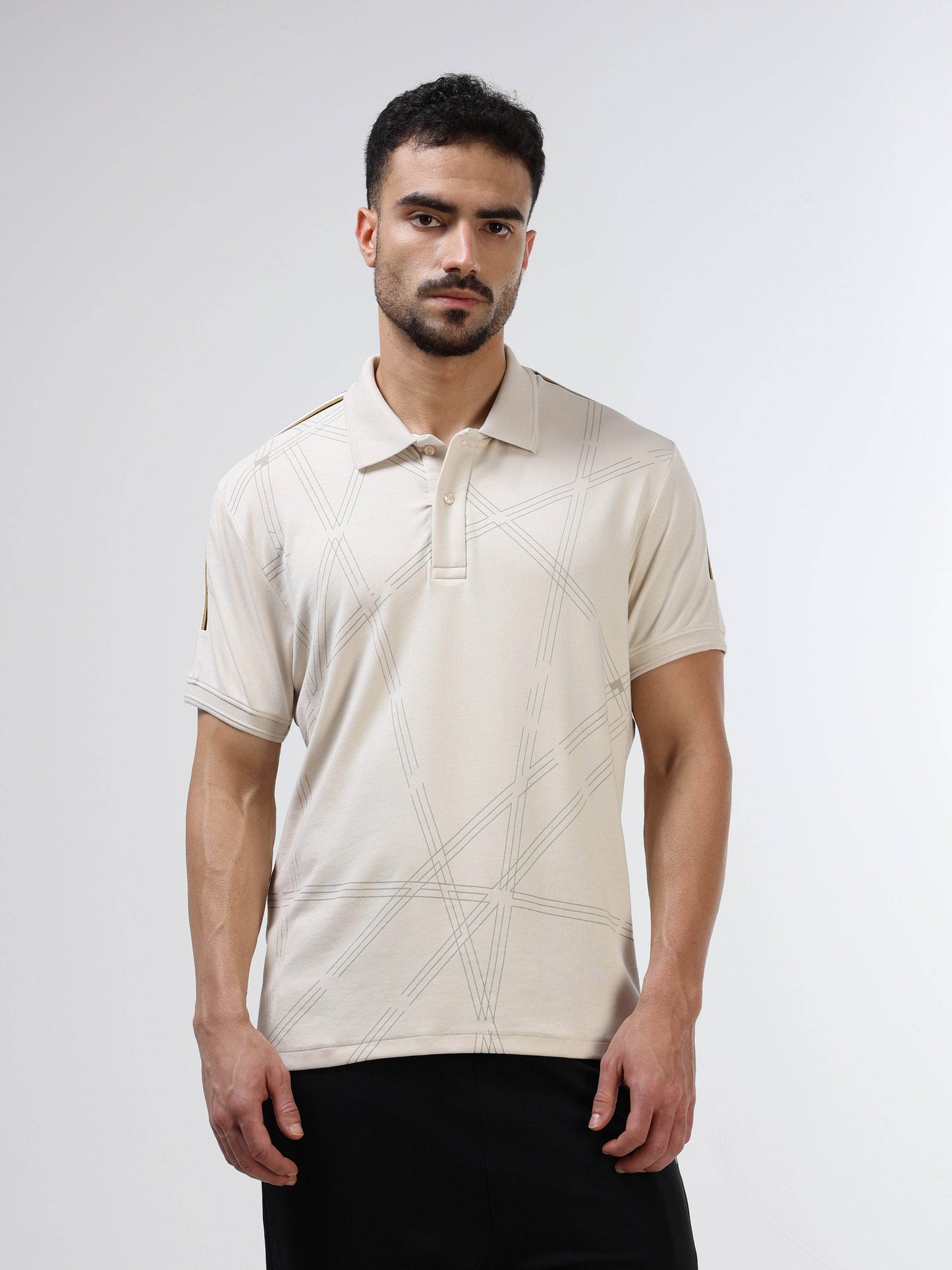 Supima Cotton Lycra Interlock with Pigment Printed Panels, Cut and Sew Detailing, and Speedbreaker Collar and Cuff Beige Polo - ENGYNE