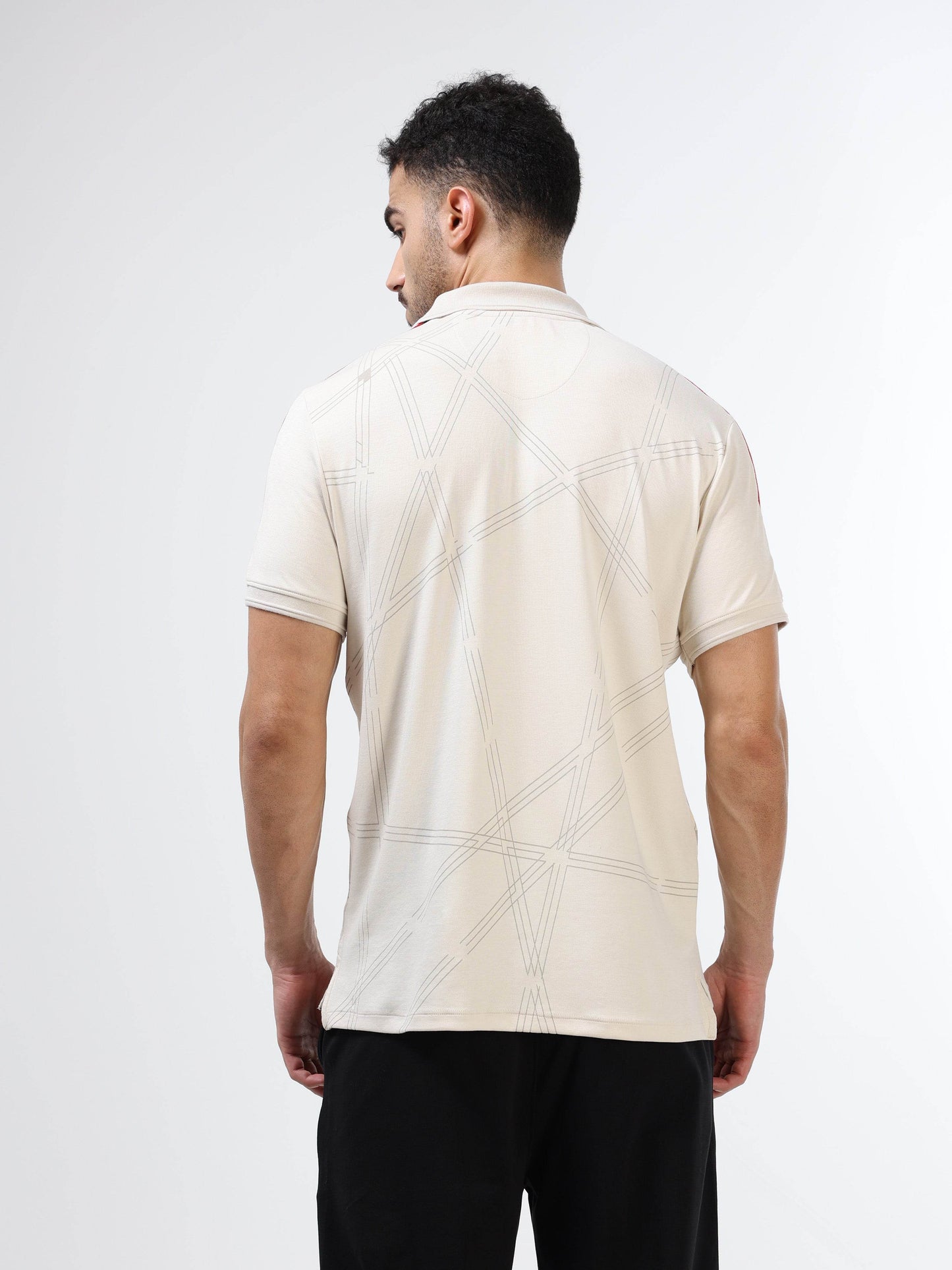 Supima Cotton Lycra Interlock with Pigment Printed Panels, Cut and Sew Detailing, and Speedbreaker Collar and Cuff Beige Polo - ENGYNE