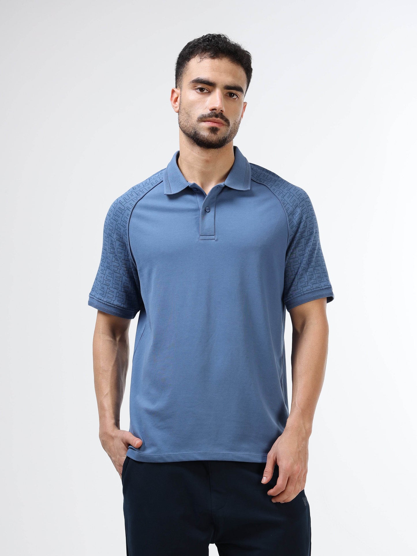 Regular Fit Polo with Printed Raglan Sleeves in Supima Cotton Lycra Interlock and Piqué Body Featuring DTM Corded Piping -Gasoline - ENGYNE
