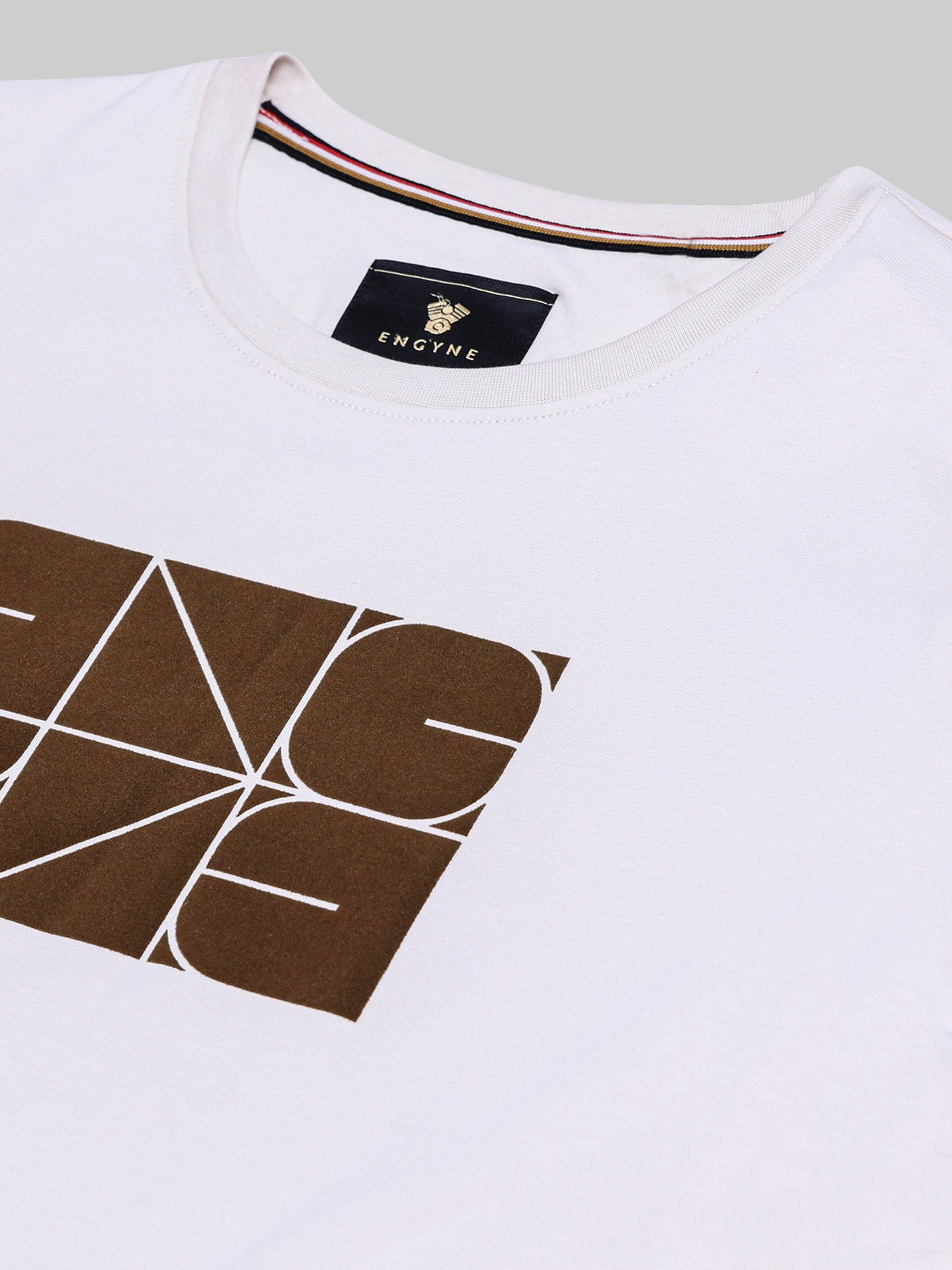 Rougen Cotton Lycra with Sticker Flock Print Beige T-shirt - ENGYNE