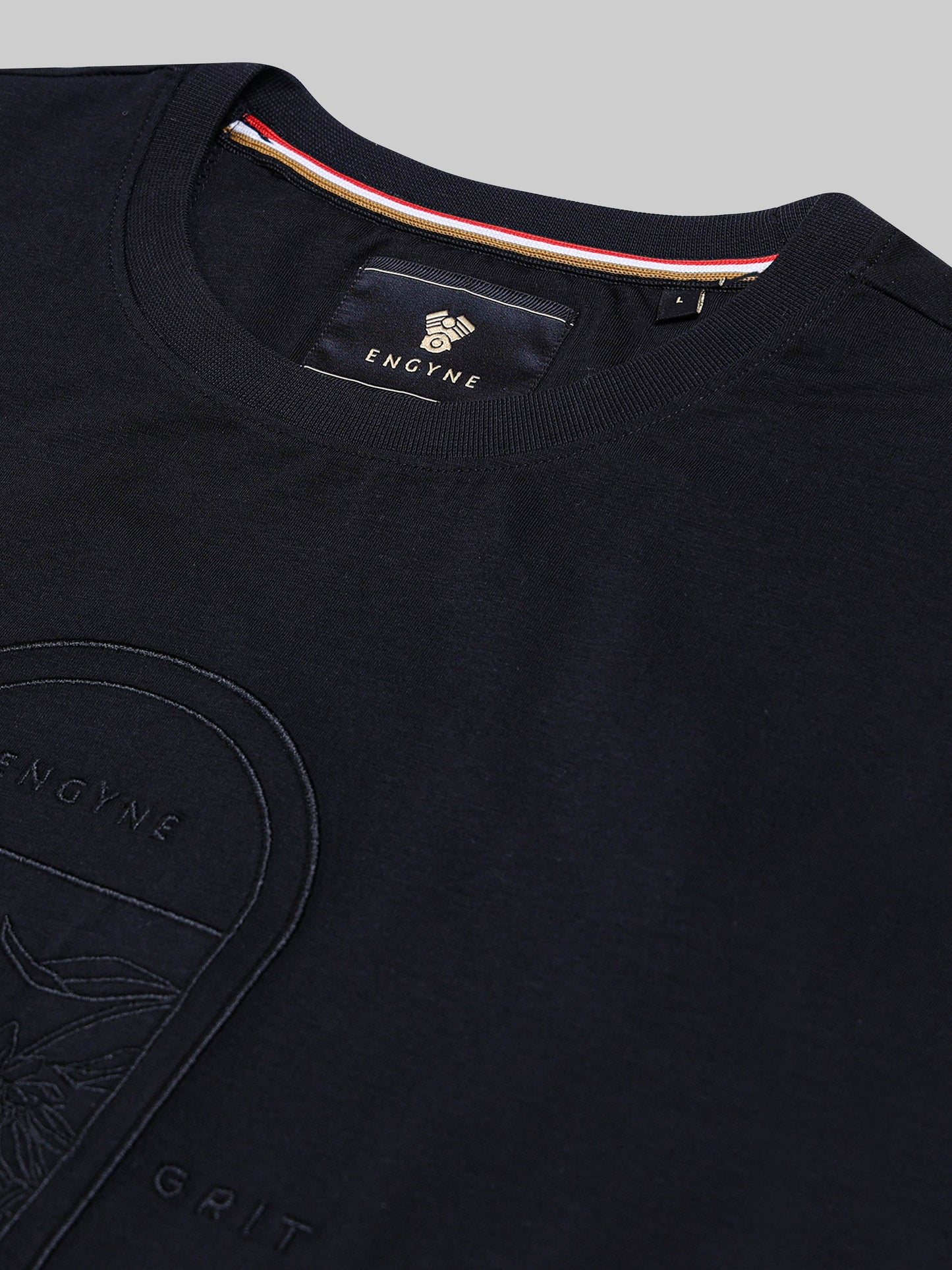 Rougen Cotton Lycra with Floral Placement Embroidery Black T-shirt - ENGYNE
