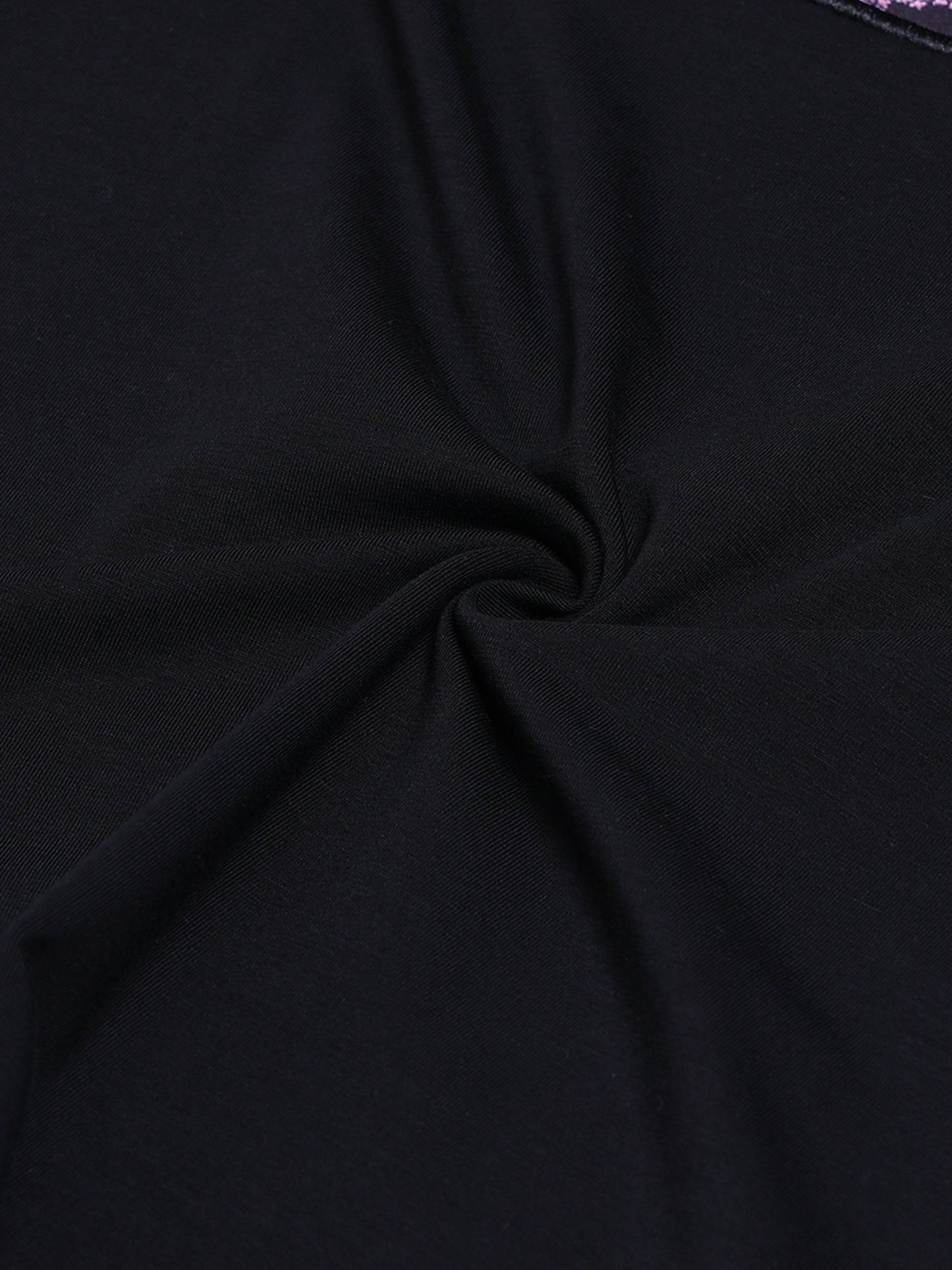Supima Cotton Lycra with Sublimation-Printed Chest Appliqué and Embroidery Black T-shirt - ENGYNE