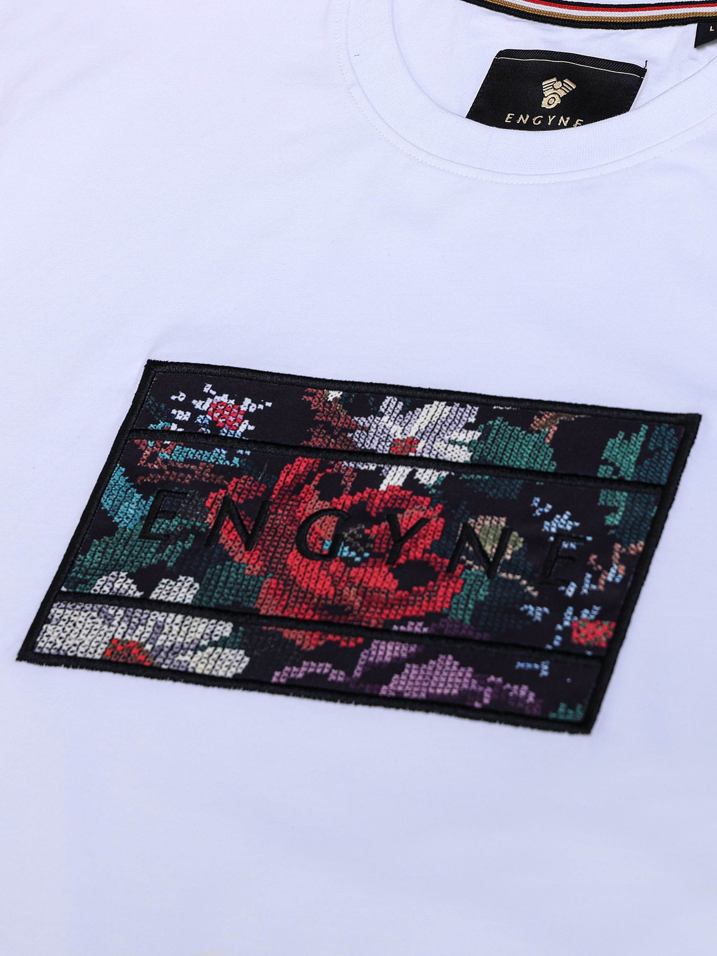 Supima Cotton Lycra with Sublimation-Printed Chest Appliqué and Embroidery White T-shirt - ENGYNE