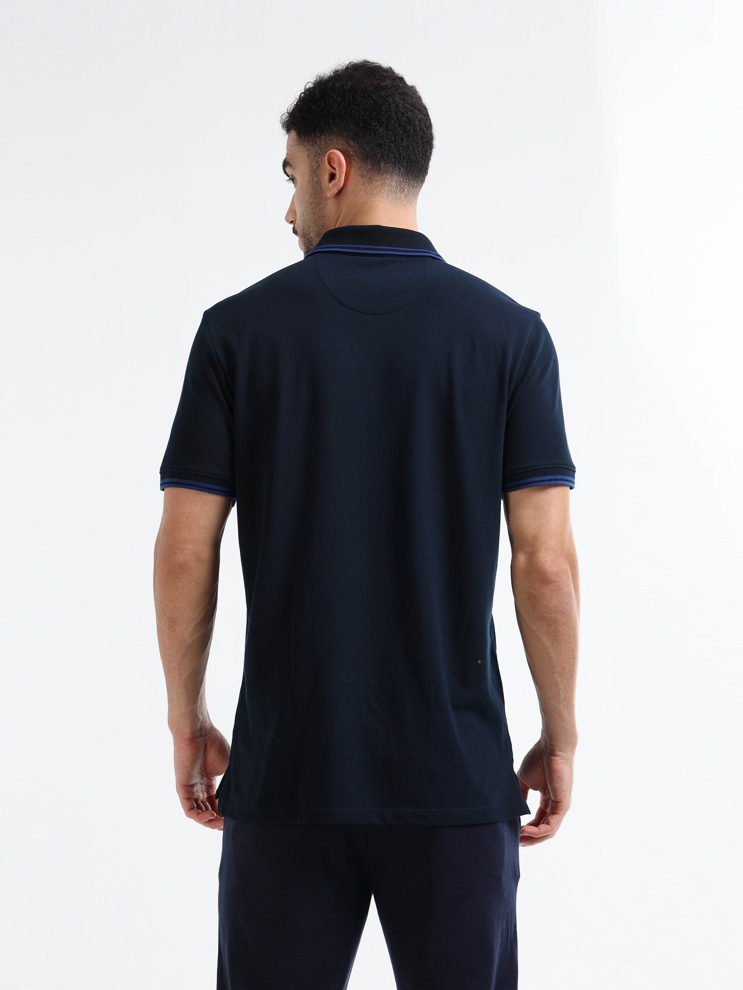 Supima Cotton Lycra Piqué with Flat-Knit Tipped Collar, V-Placket, and 3D Chest Branding Navy Polo - ENGYNE