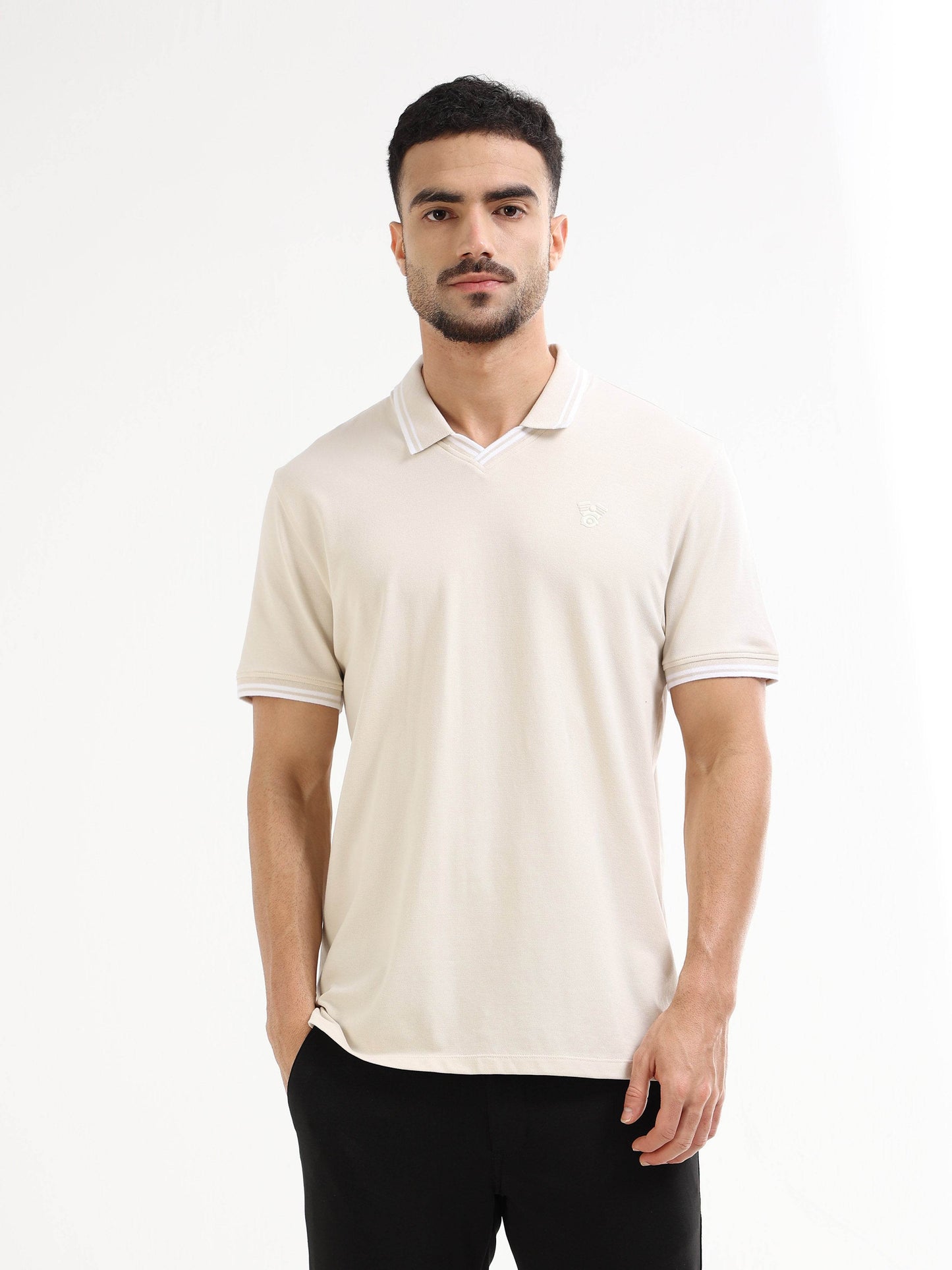 Supima Cotton Lycra Piqué with Flat-Knit Tipped Collar, V-Placket, and 3D Chest Branding Beige Polo - ENGYNE