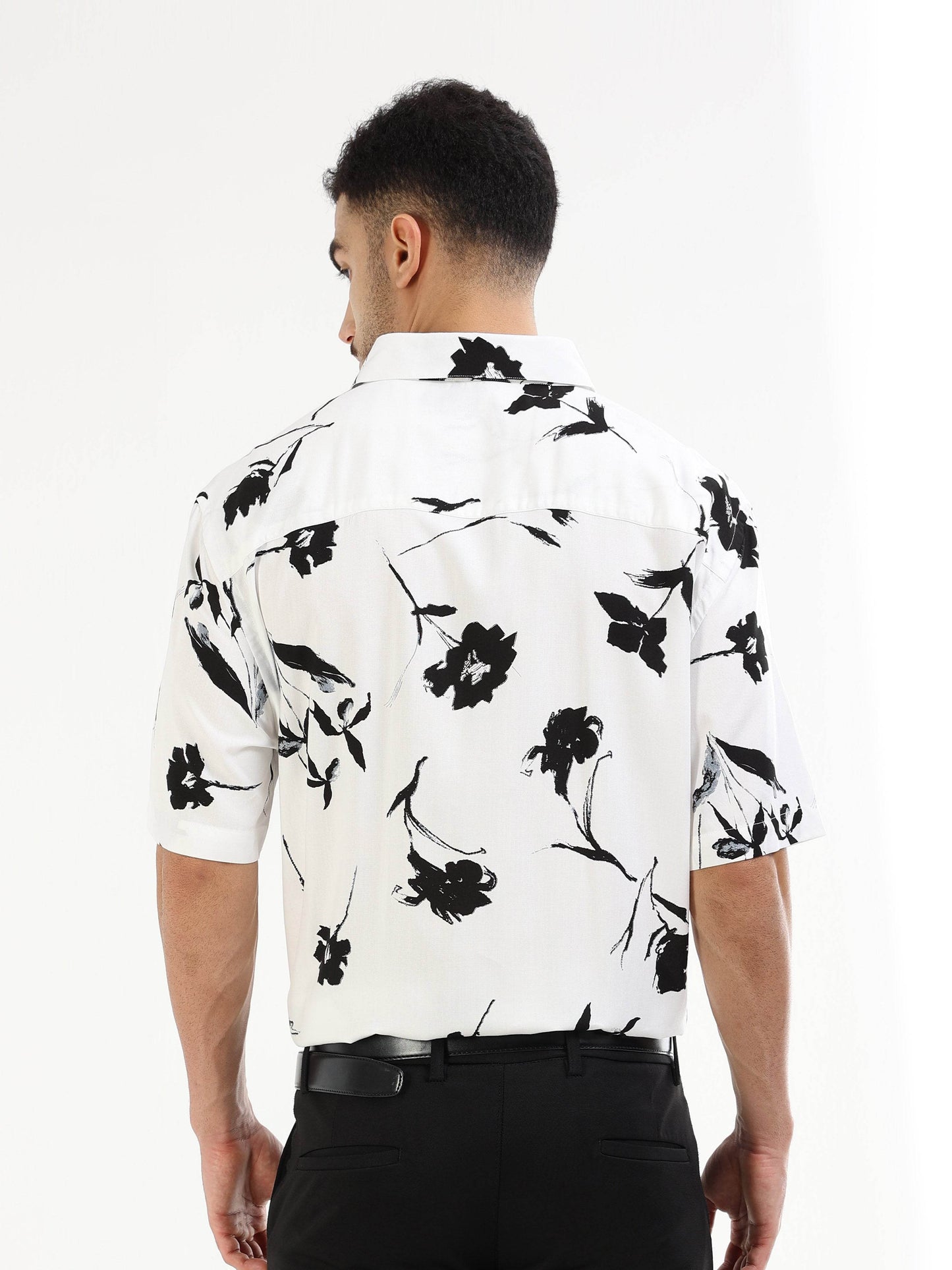Shadow Bloom Floral Short Sleeve Shirt - White - ENGYNE