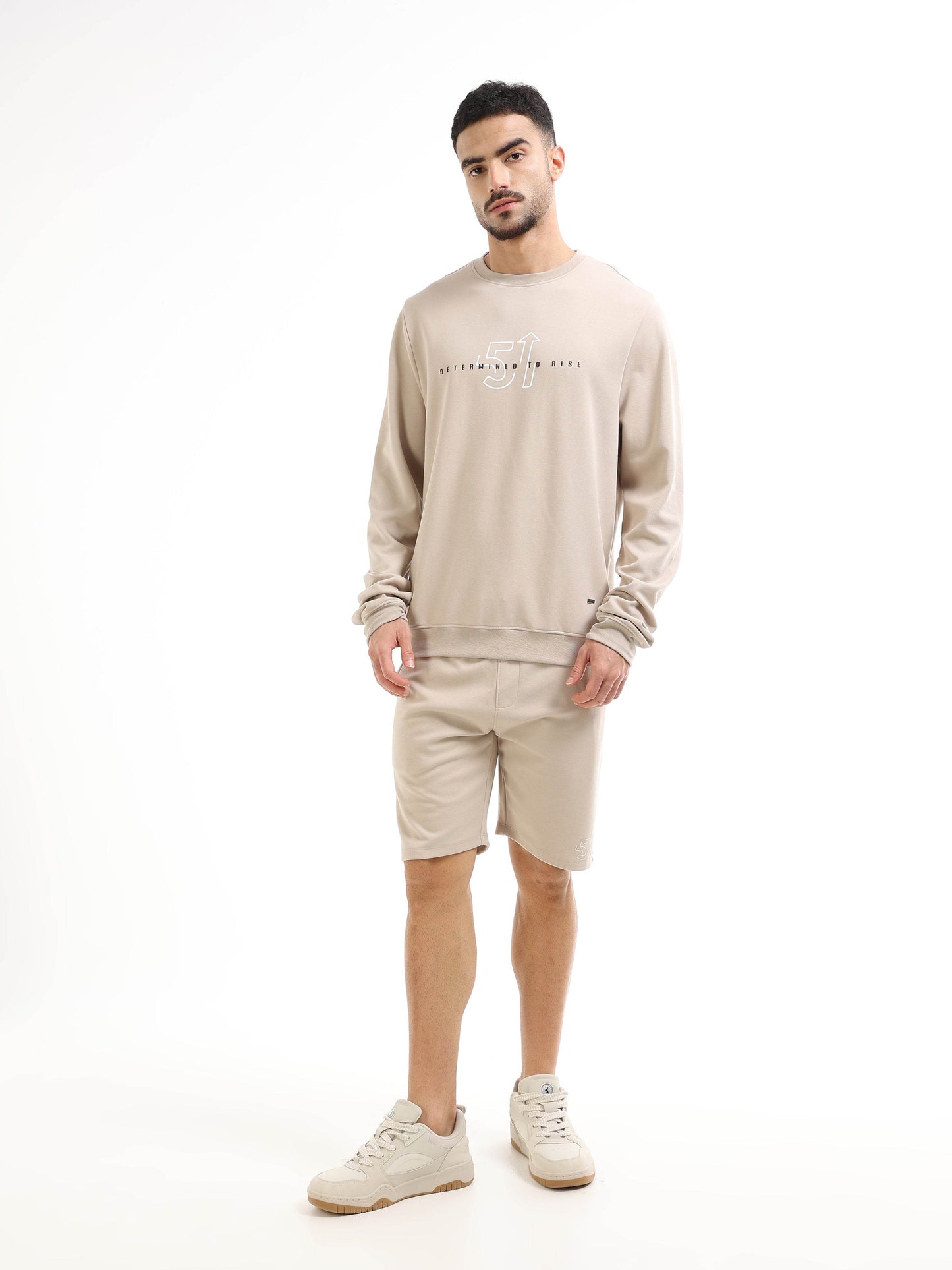 Regular Fit Sweatshirt in Rougen Platted Interlock with The Power of 5 Senses HD and Non-PVC Placement Print - Sand - ENGYNE