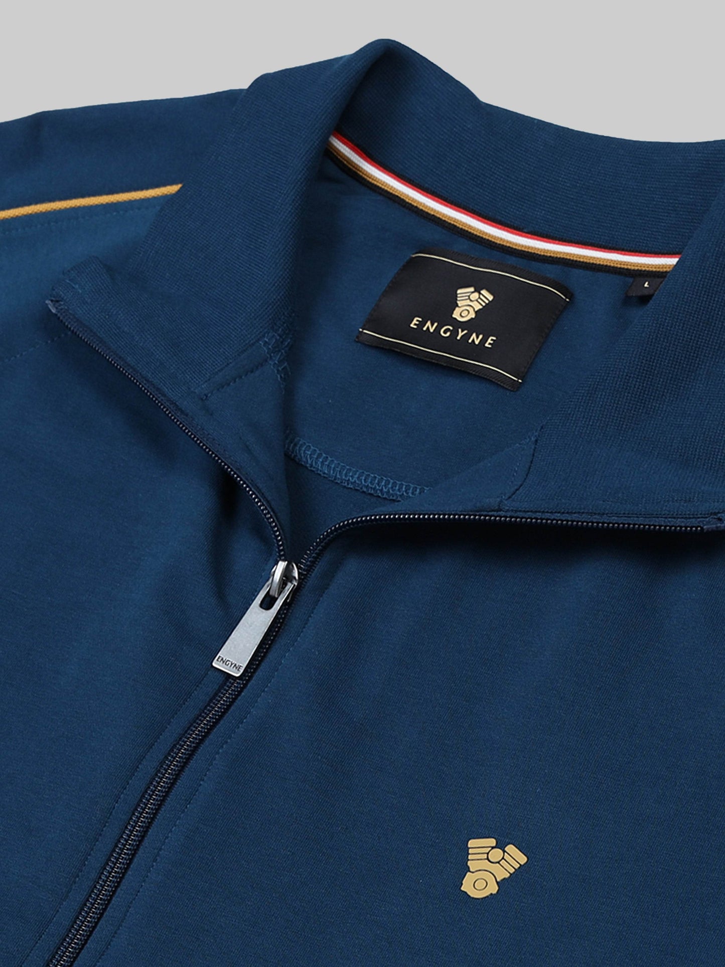 Regular-Fit High Neck Zipper Sweatshirt with Cut-and-Sew Design and Contrast Corded Piping Teal - ENGYNE