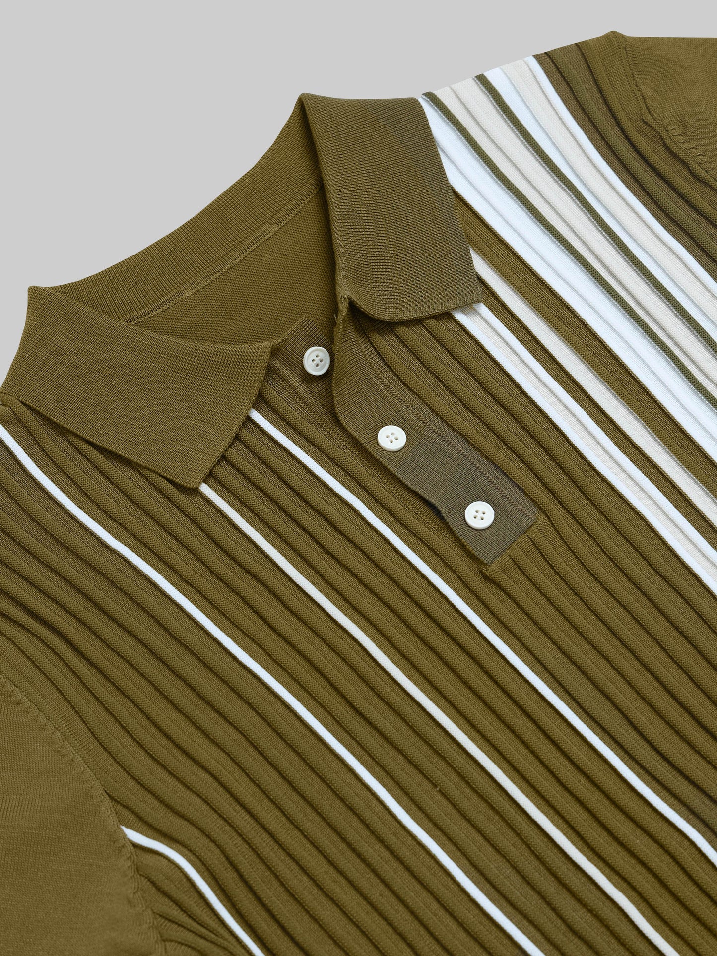 Vertical Stripe Flat-Knit Polo - Olive - ENGYNE