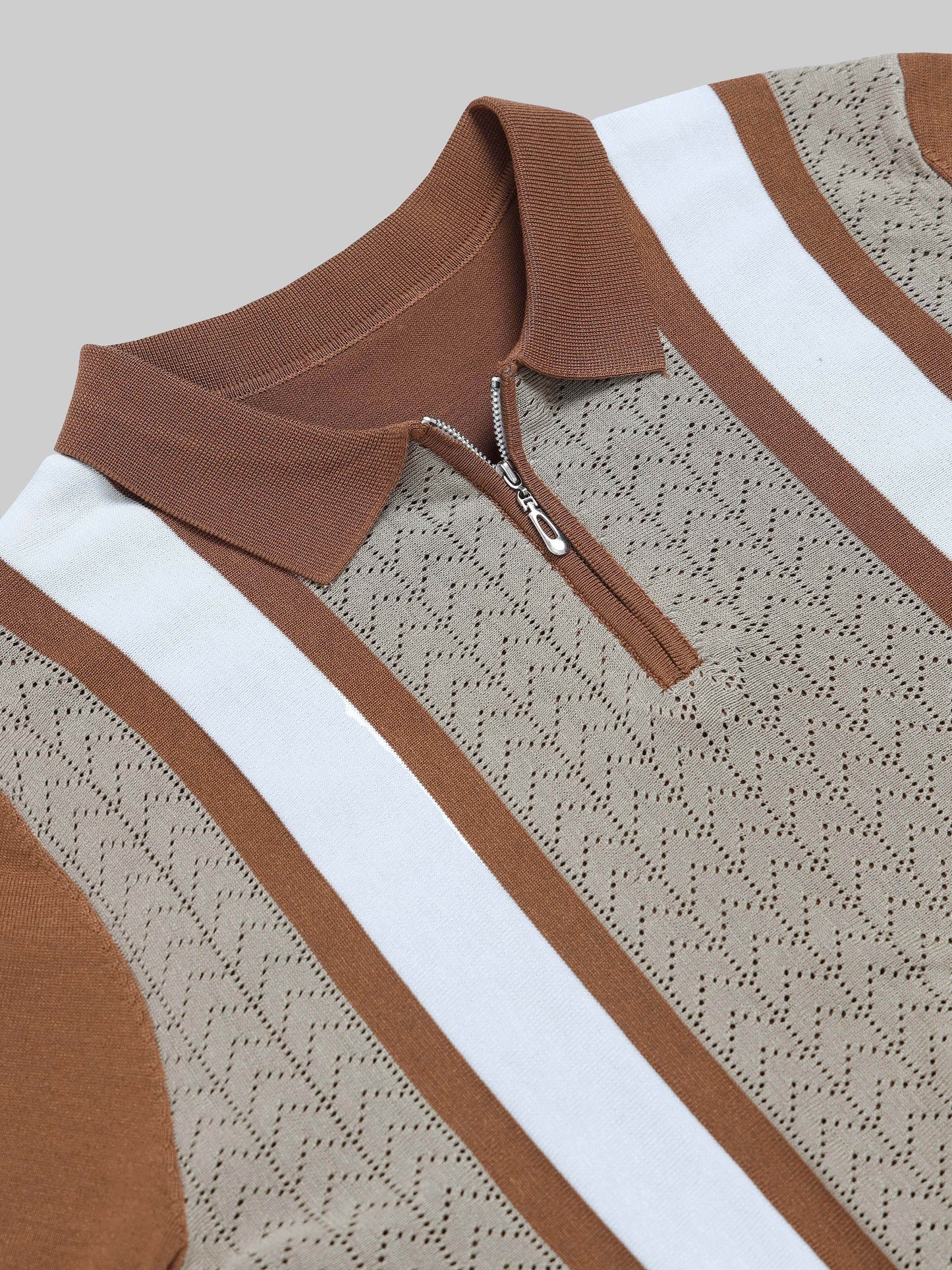 Chevron Stripe Flat-Knit Zip Polo - Brown - ENGYNE